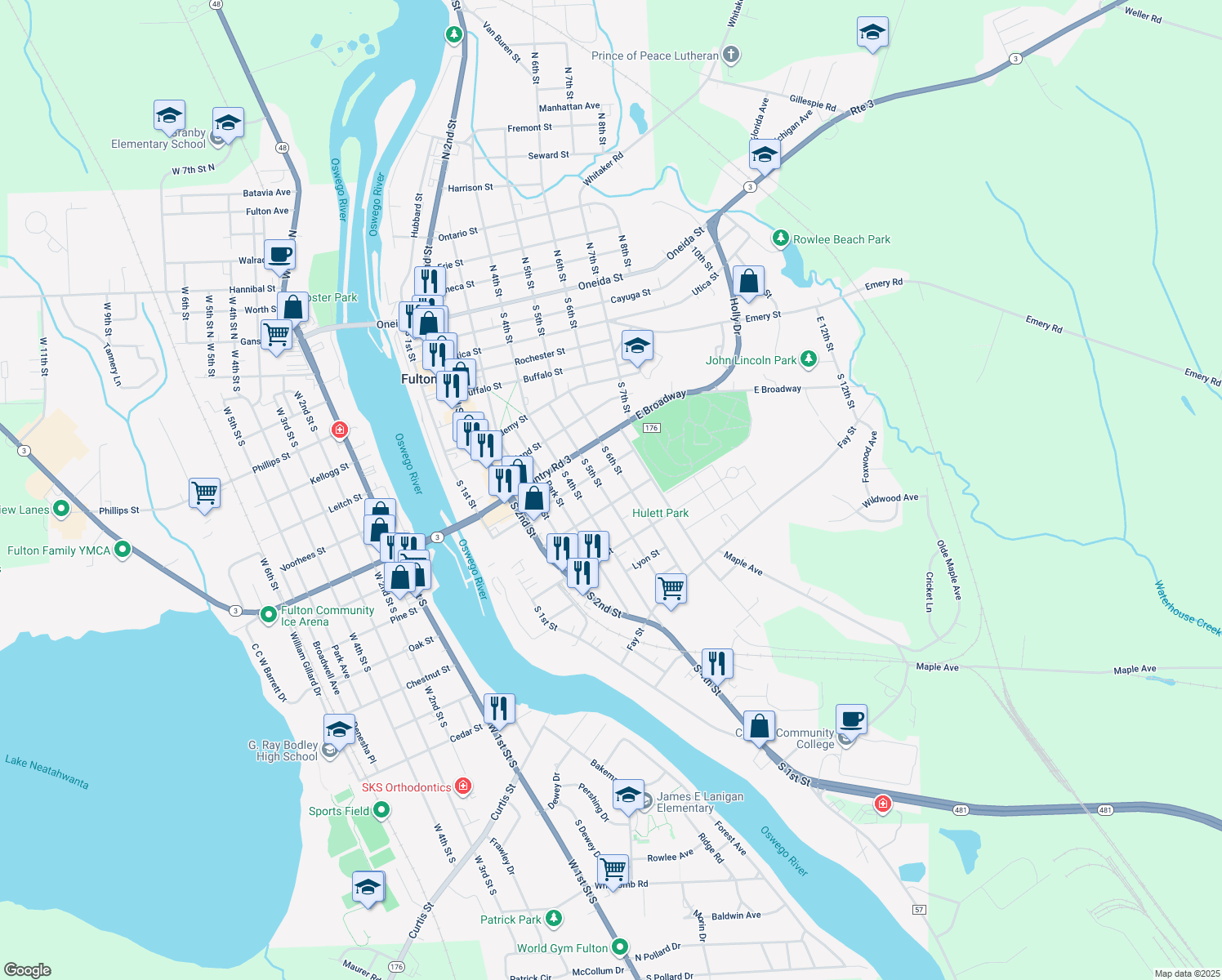 map of restaurants, bars, coffee shops, grocery stores, and more near 367 S 5th St in Fulton