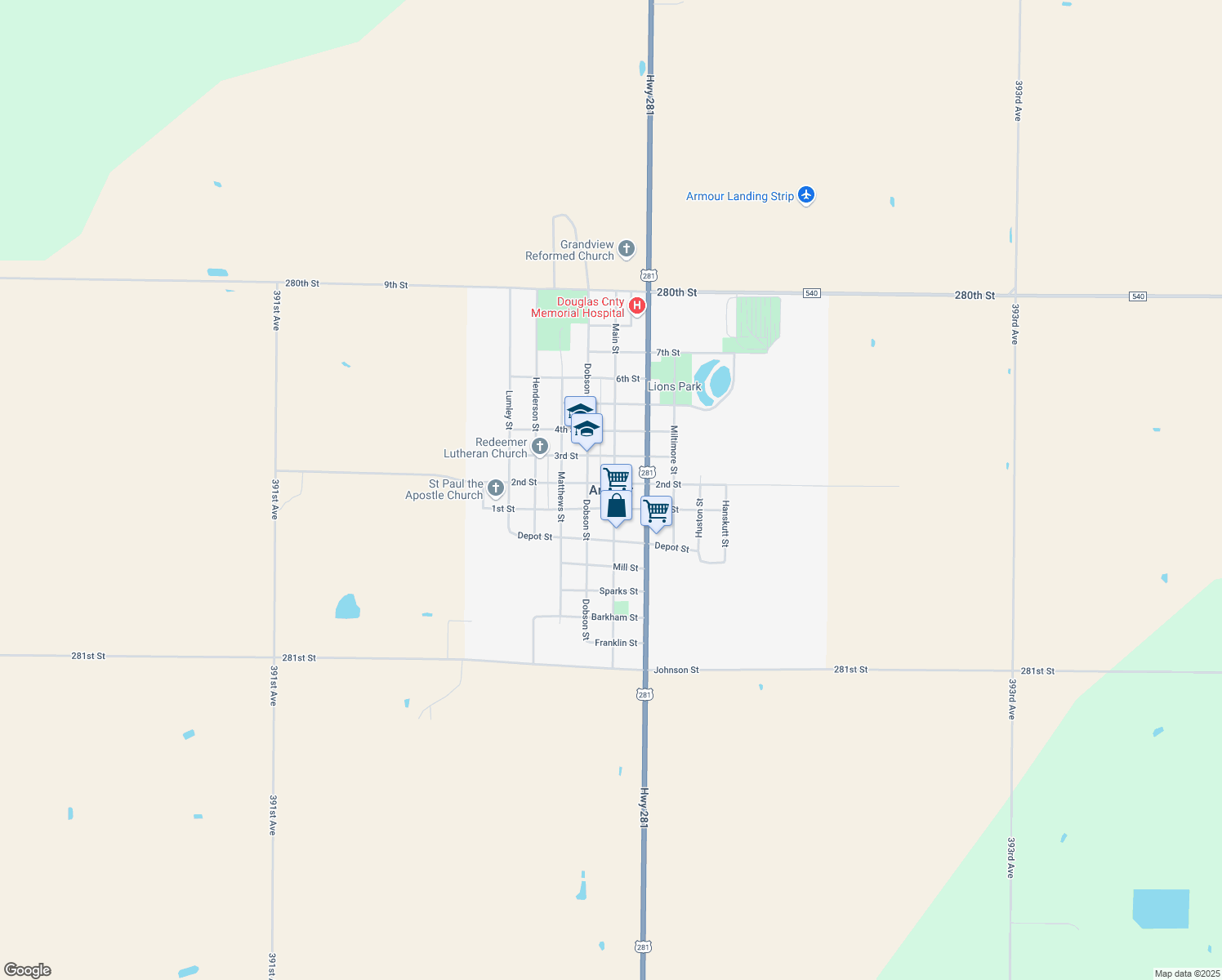 map of restaurants, bars, coffee shops, grocery stores, and more near in Armour