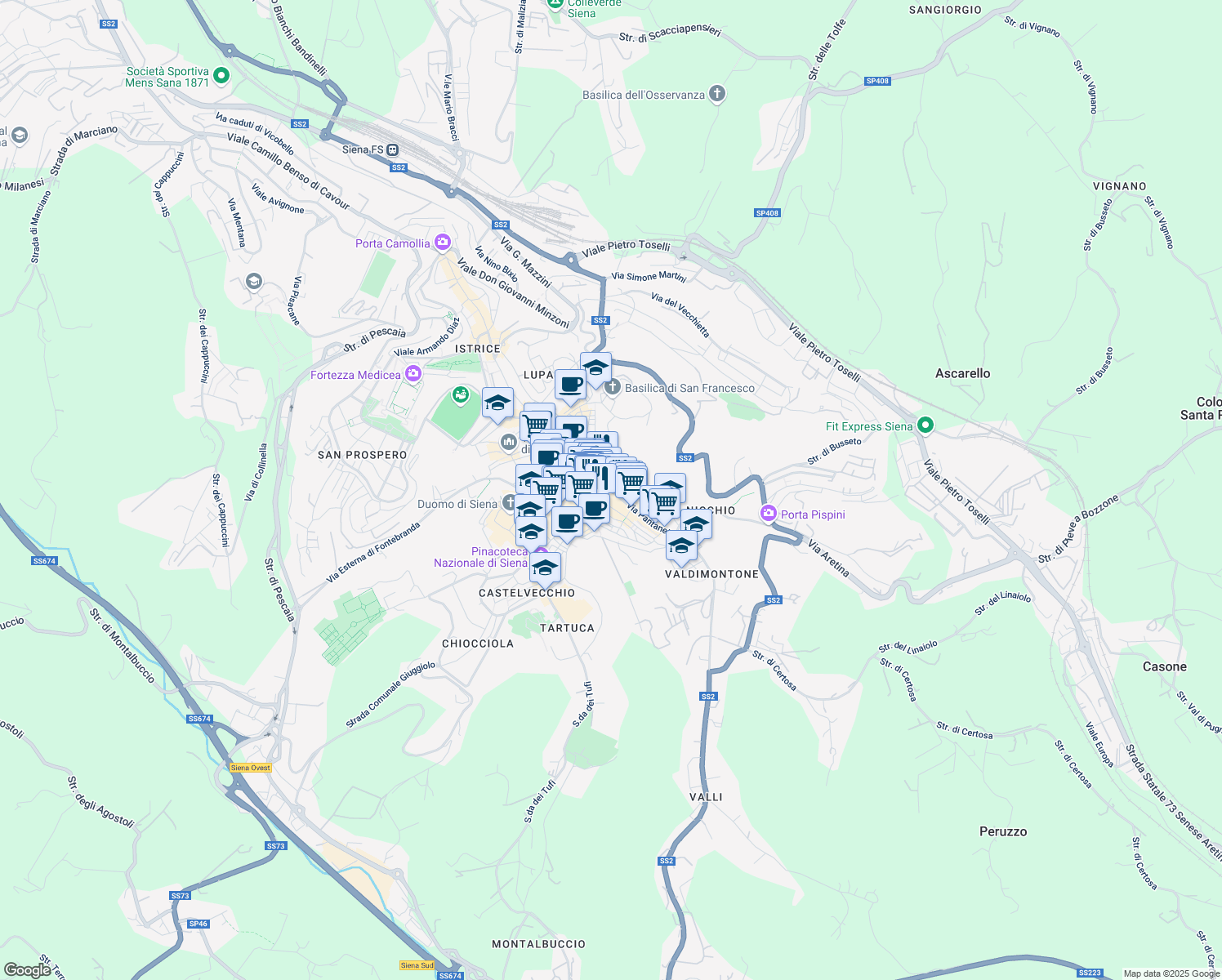 map of restaurants, bars, coffee shops, grocery stores, and more near 31 Via Pantaneto in Siena