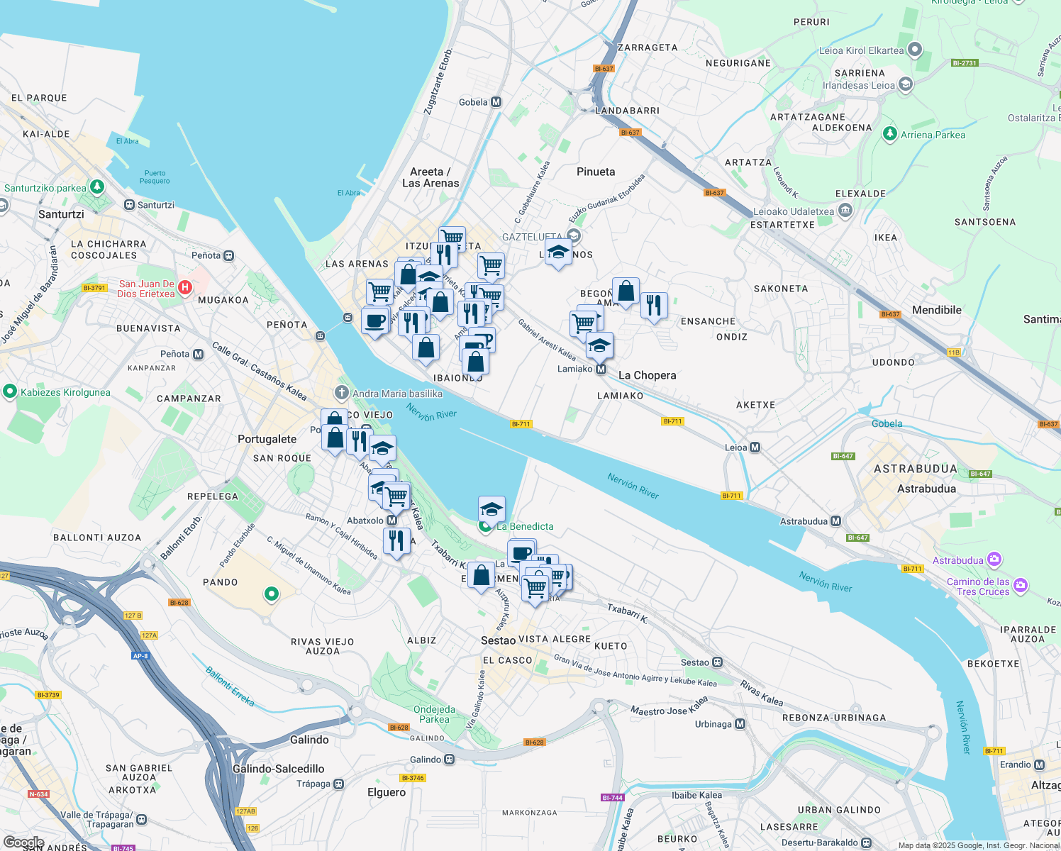 map of restaurants, bars, coffee shops, grocery stores, and more near 10 Autonomia Etorbidea in Leioa