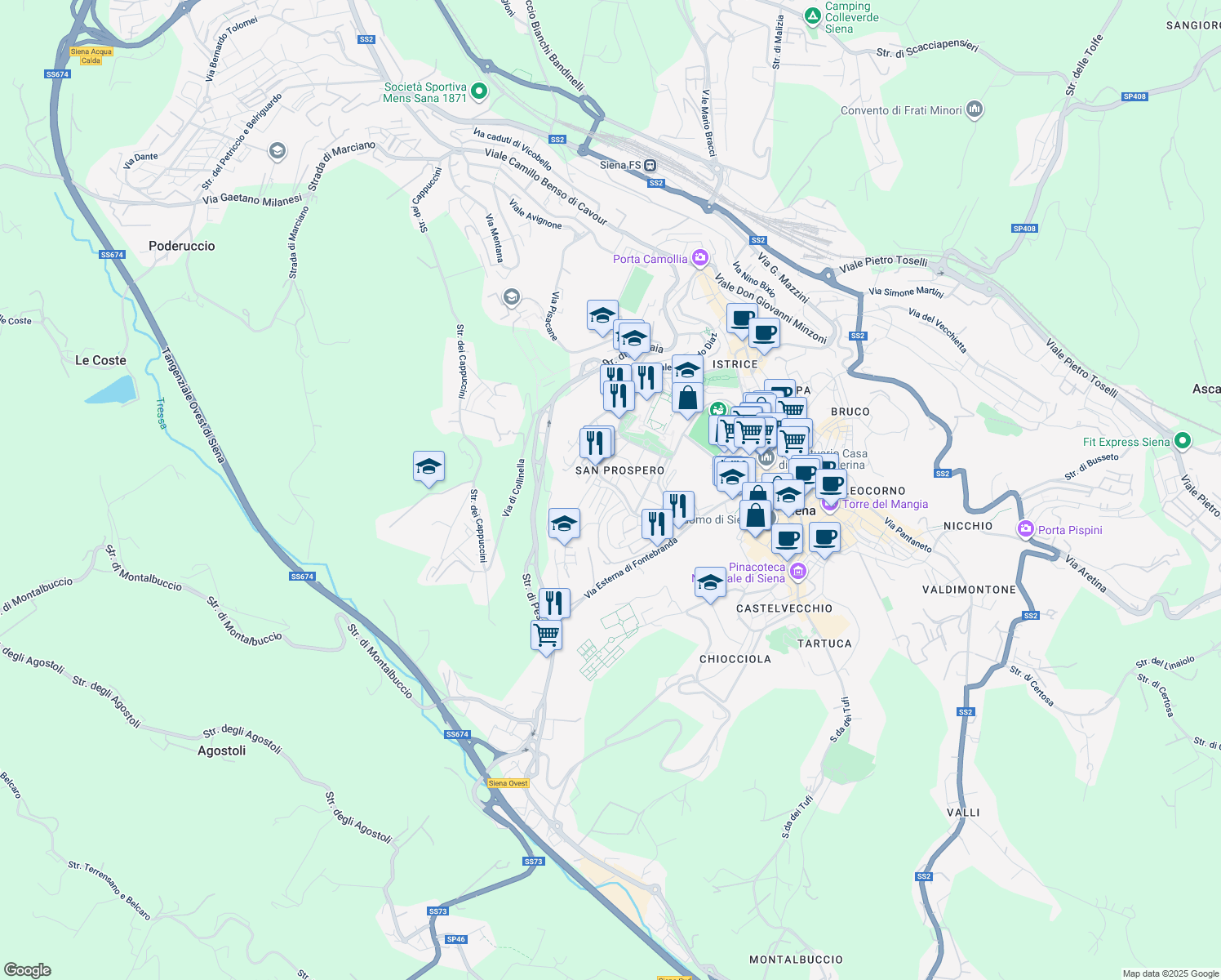 map of restaurants, bars, coffee shops, grocery stores, and more near in Siena