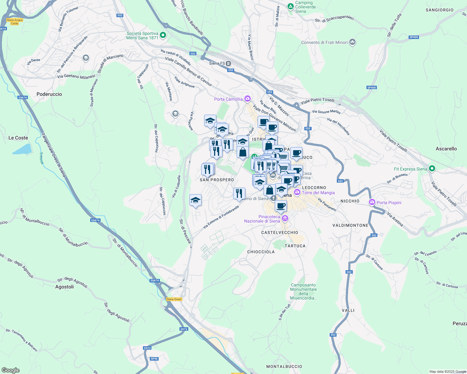 map of restaurants, bars, coffee shops, grocery stores, and more near 2 Via Bruno Bonci in Siena