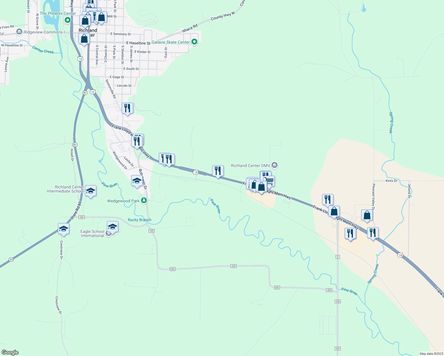 map of restaurants, bars, coffee shops, grocery stores, and more near 1996 U.S. 14 in Richland Center