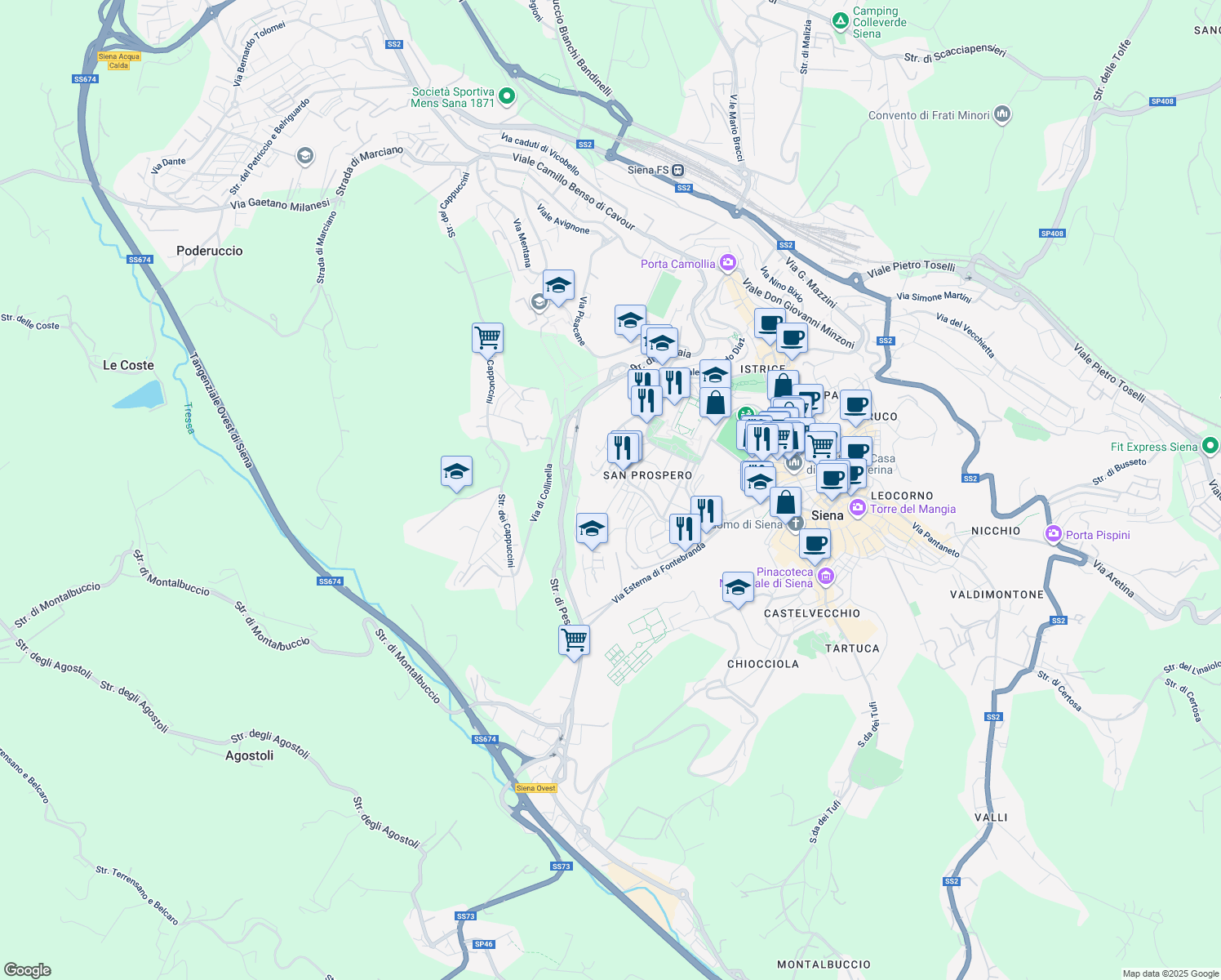 map of restaurants, bars, coffee shops, grocery stores, and more near 12 Via Gorizia in Siena