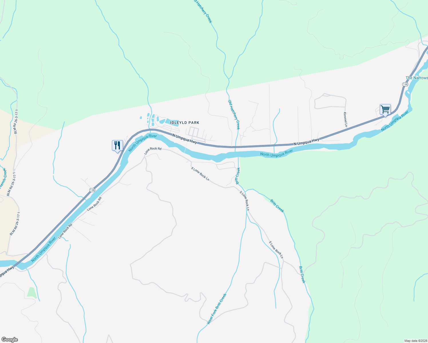 map of restaurants, bars, coffee shops, grocery stores, and more near 2121 Lone Rock Road in Glide