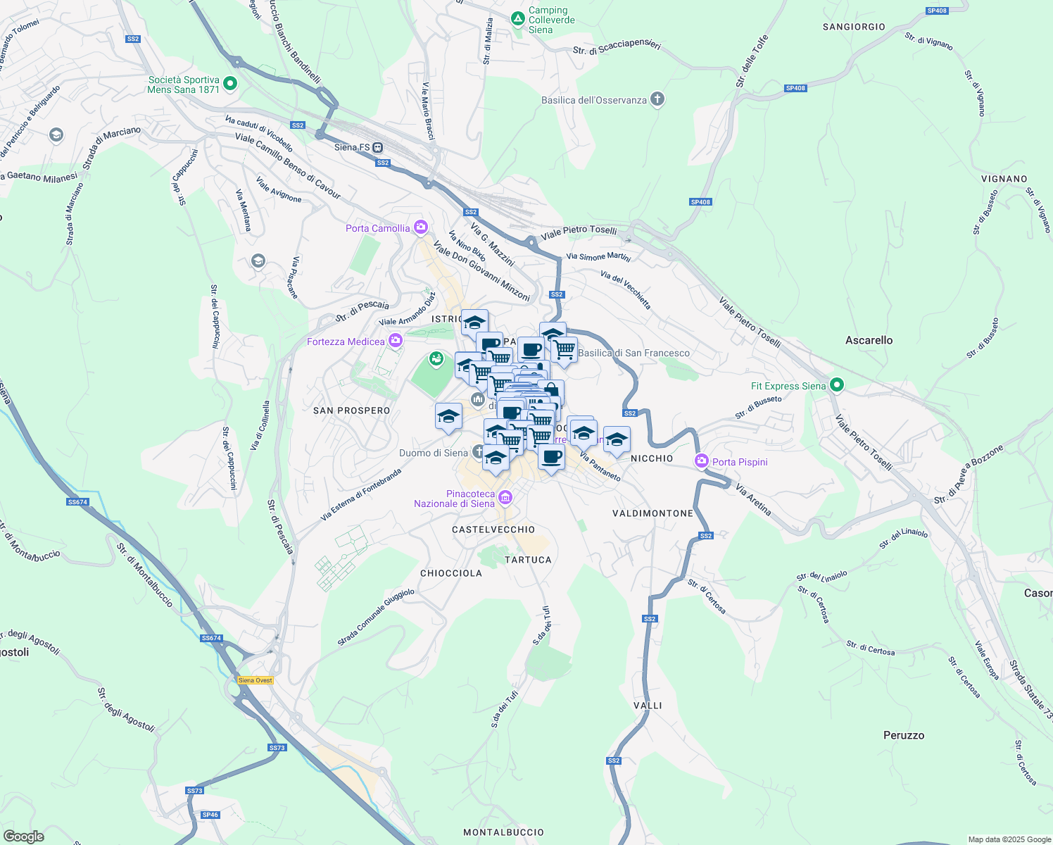 map of restaurants, bars, coffee shops, grocery stores, and more near 15 Vicolo Donzelle in Siena