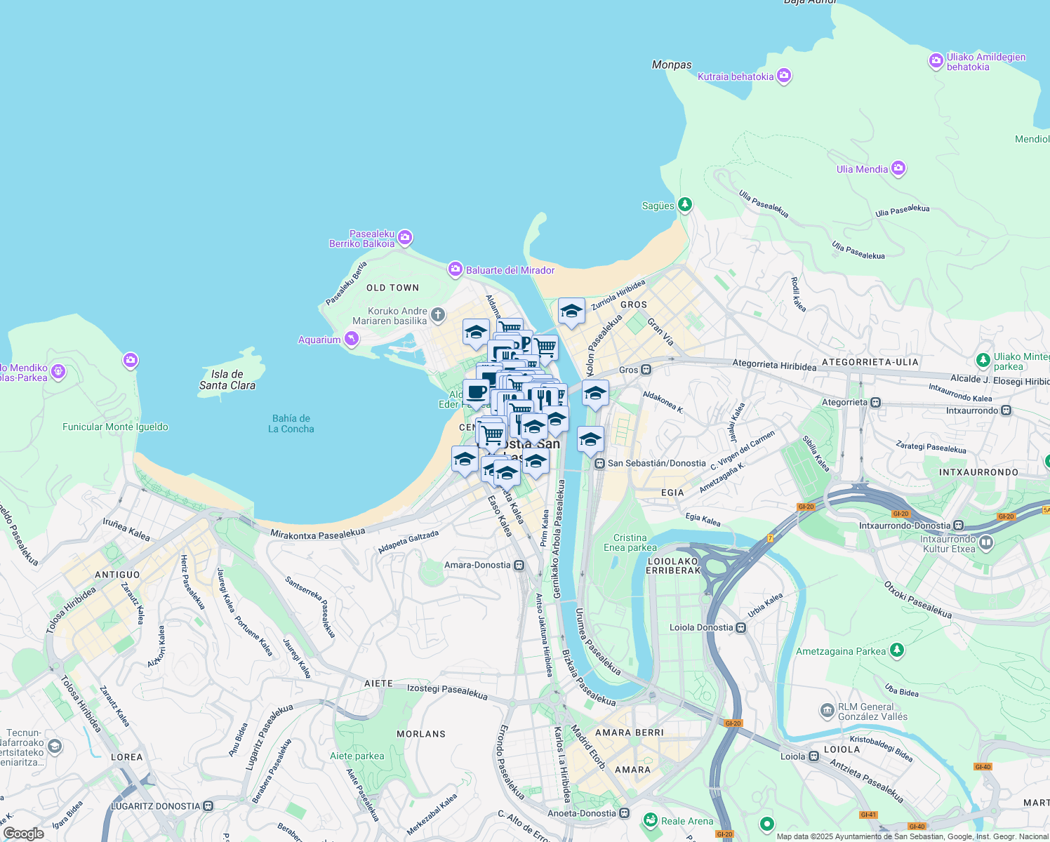 map of restaurants, bars, coffee shops, grocery stores, and more near 17 Askatasunaren Hiribidea in Donostia