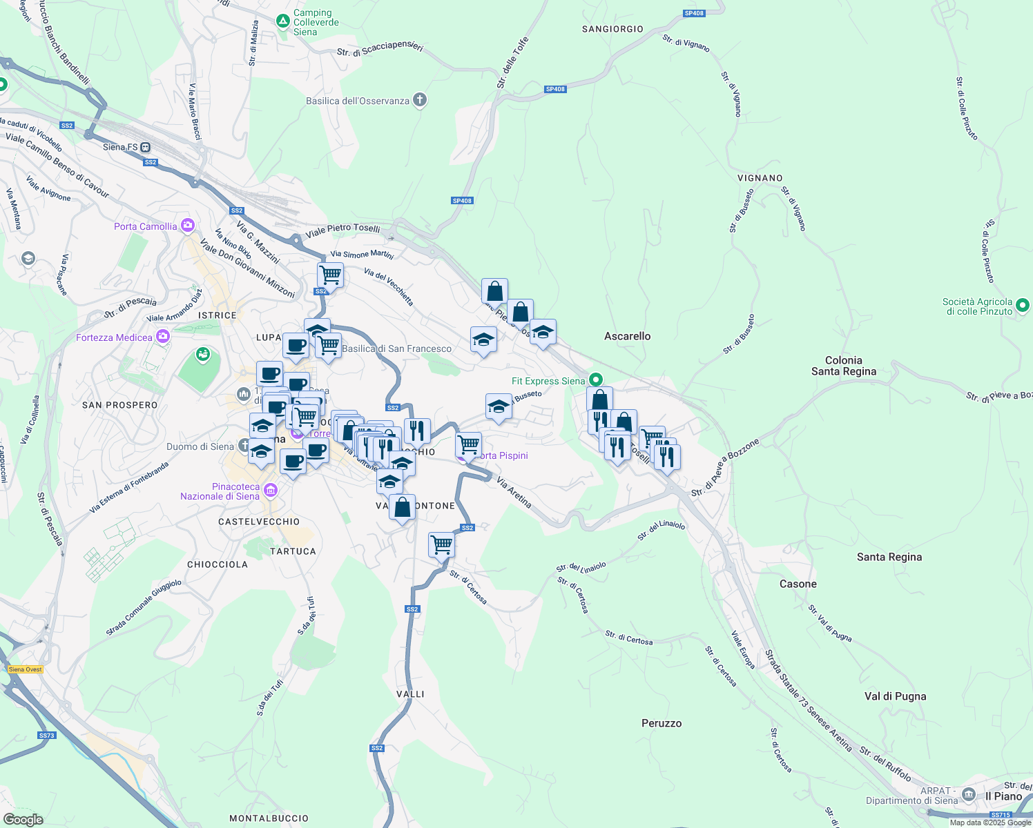 map of restaurants, bars, coffee shops, grocery stores, and more near 15 Strada del Villino in Siena