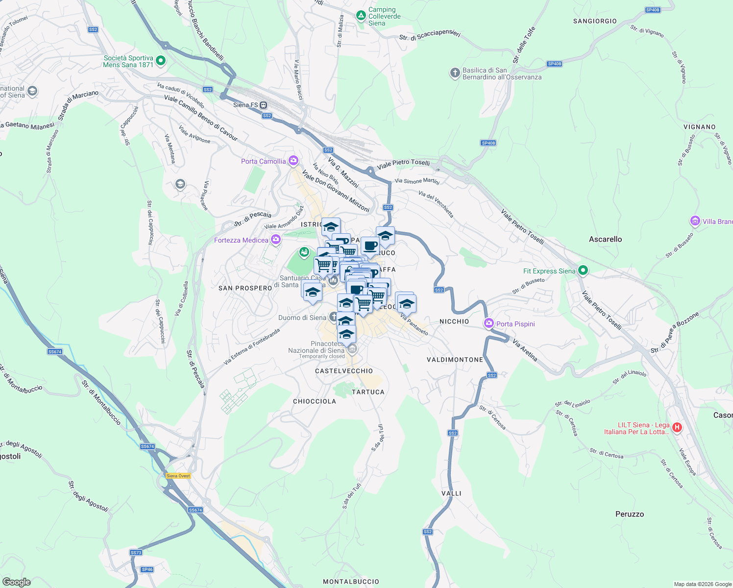 map of restaurants, bars, coffee shops, grocery stores, and more near 16 Via Banchi di Sopra in Siena