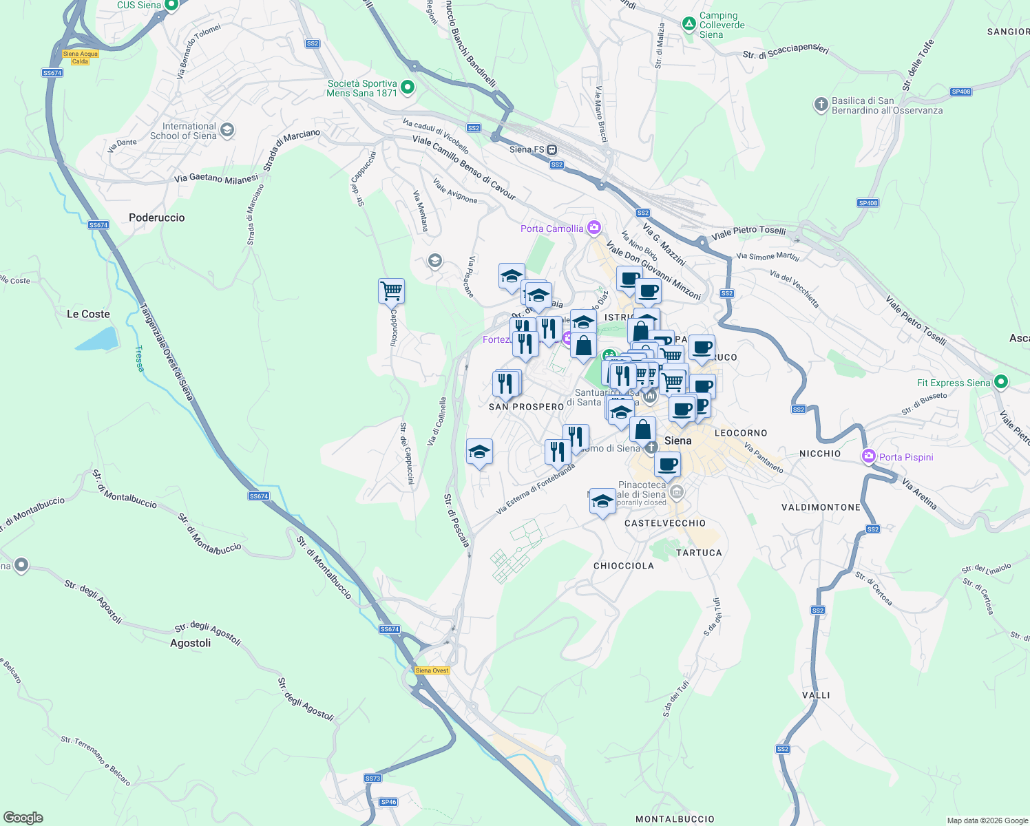 map of restaurants, bars, coffee shops, grocery stores, and more near 15 Viale Corridoni in Siena