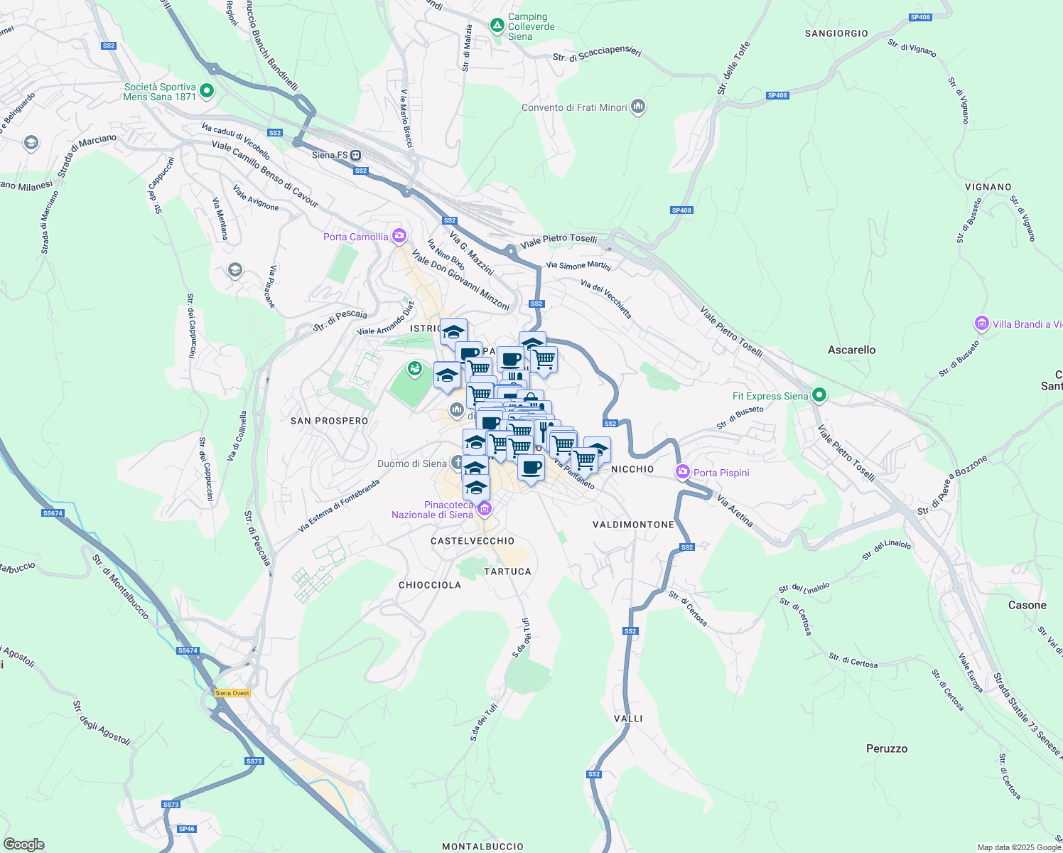 map of restaurants, bars, coffee shops, grocery stores, and more near 41 Via Bandini Sallustio in Siena