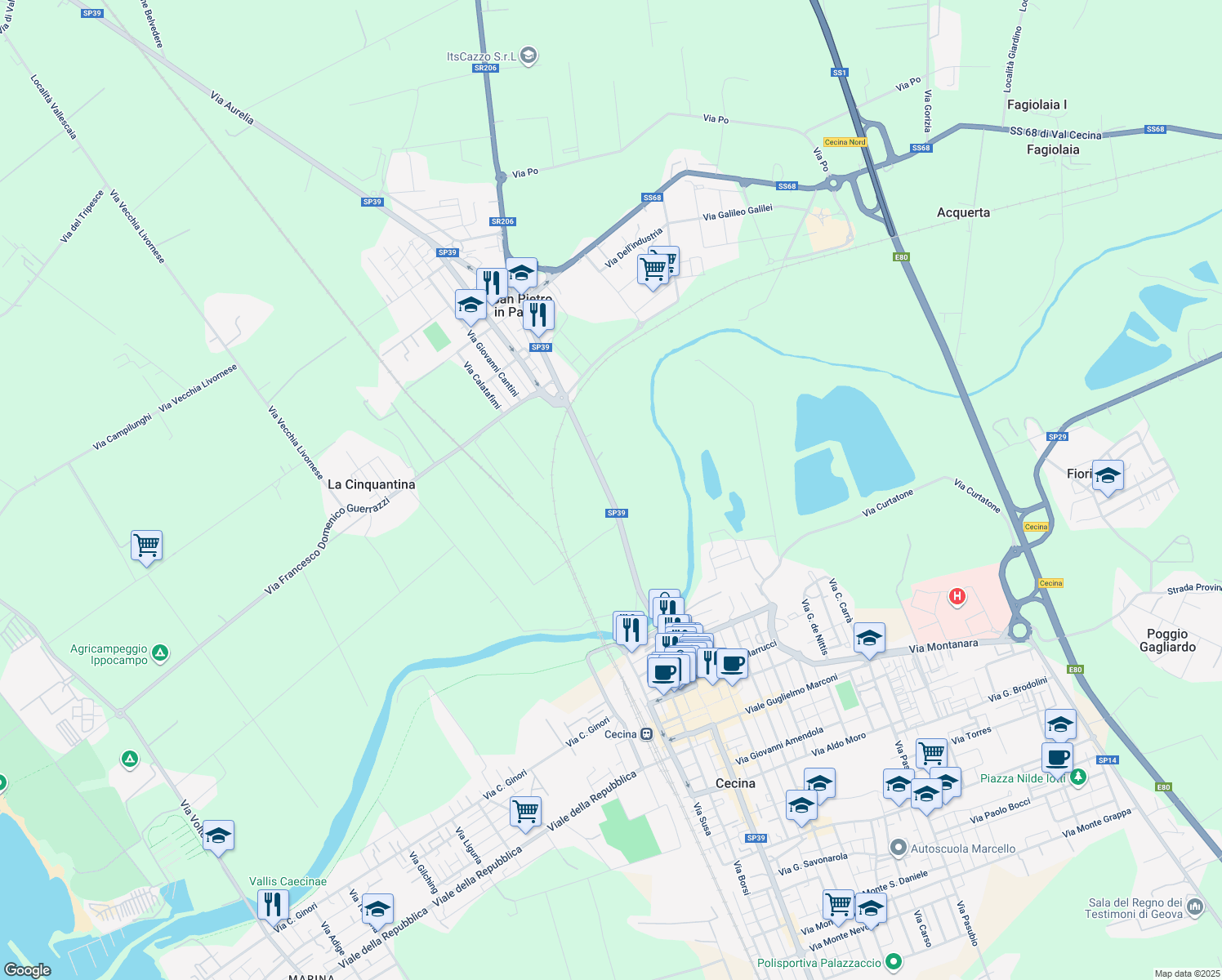 map of restaurants, bars, coffee shops, grocery stores, and more near Via Aurelia Nord in Cecina
