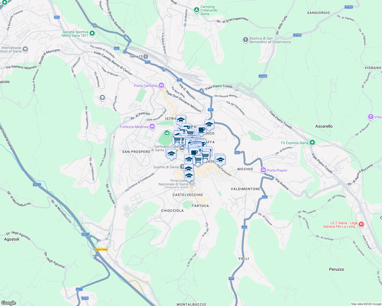map of restaurants, bars, coffee shops, grocery stores, and more near 16 Via Banchi di Sopra in Siena