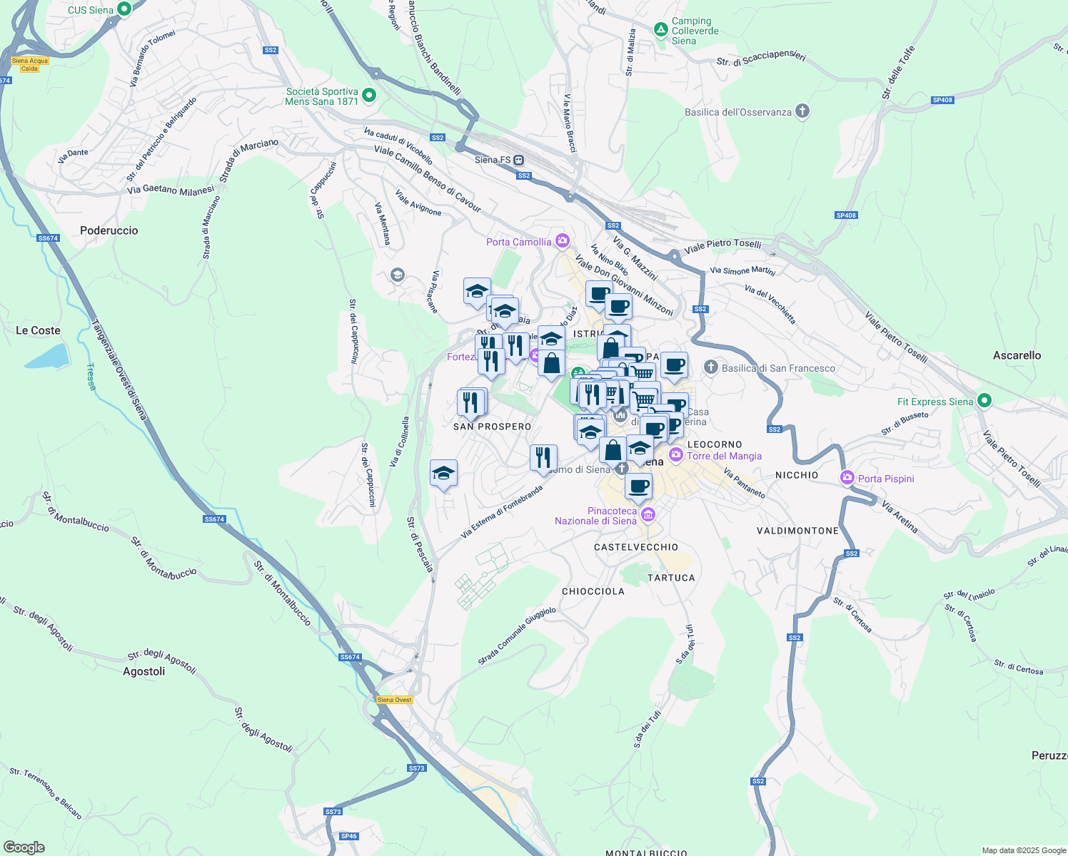 map of restaurants, bars, coffee shops, grocery stores, and more near 2 Via Bruno Bonci in Siena