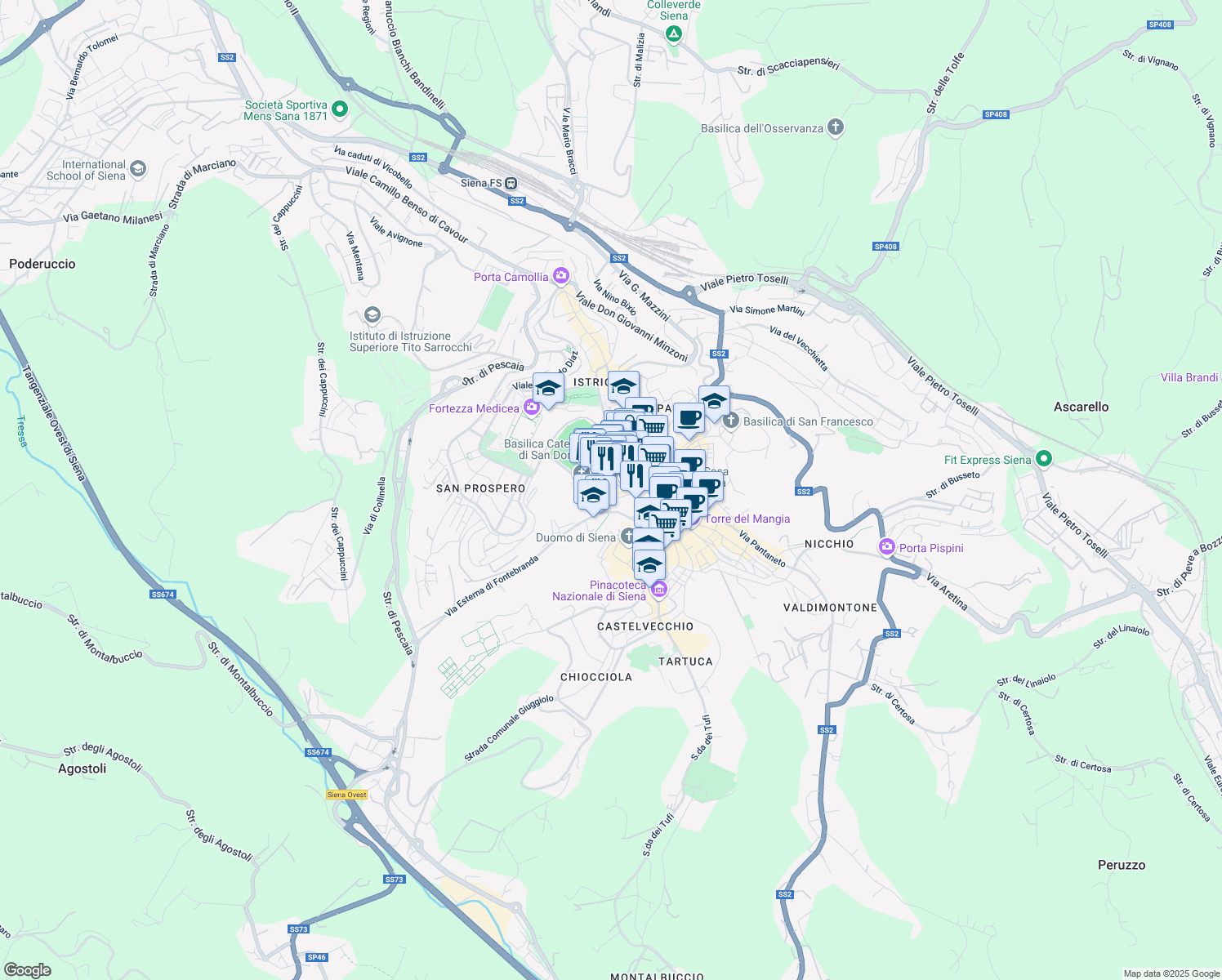 map of restaurants, bars, coffee shops, grocery stores, and more near 39 Via Camporegio in Siena