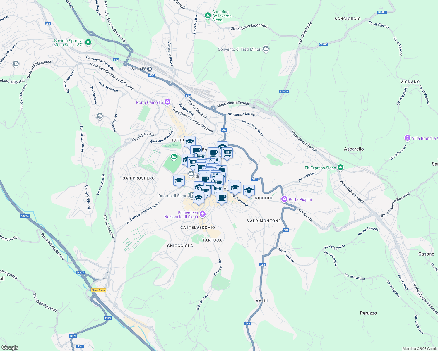 map of restaurants, bars, coffee shops, grocery stores, and more near 41 Via Bandini Sallustio in Siena