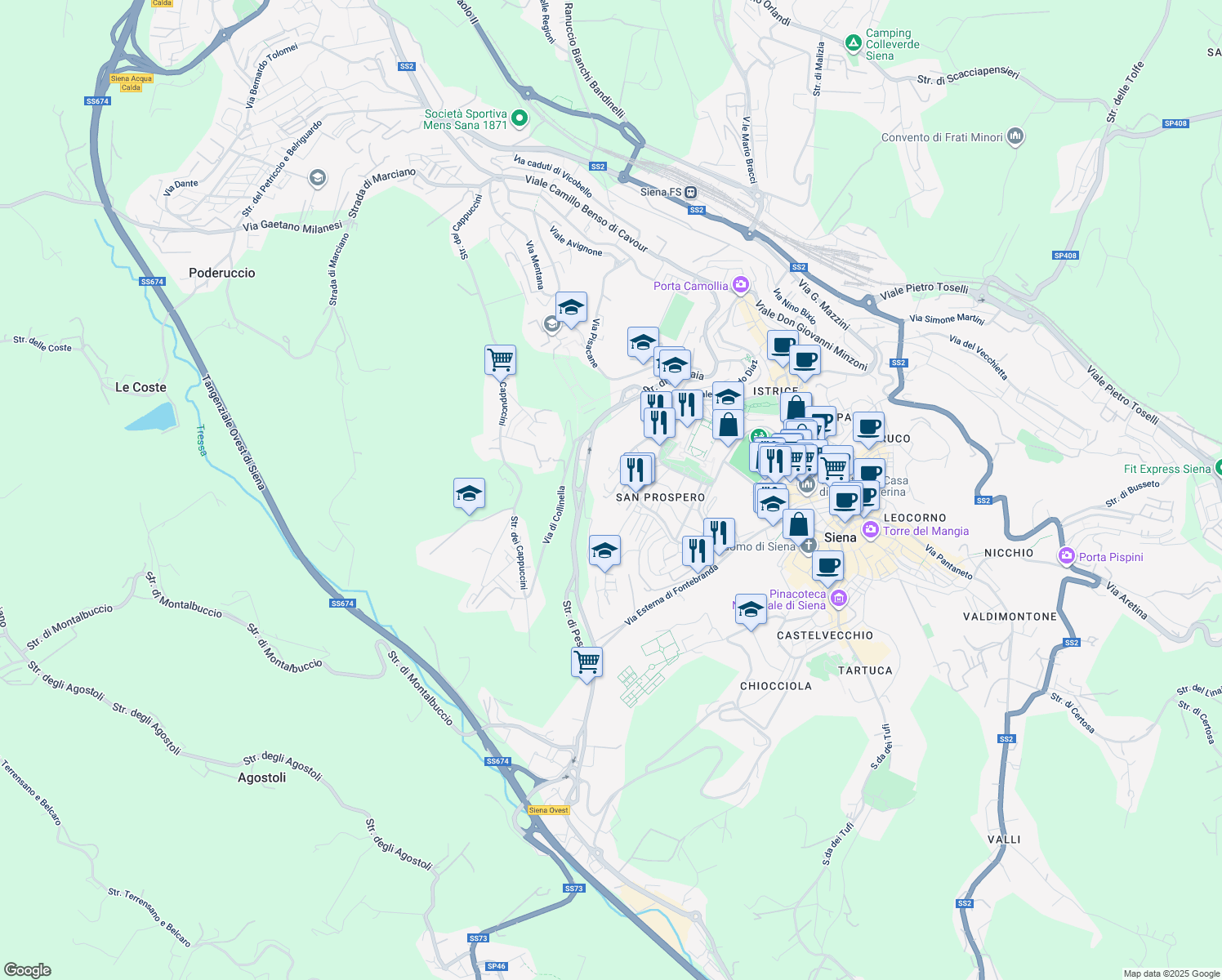 map of restaurants, bars, coffee shops, grocery stores, and more near 12 Via Gorizia in Siena