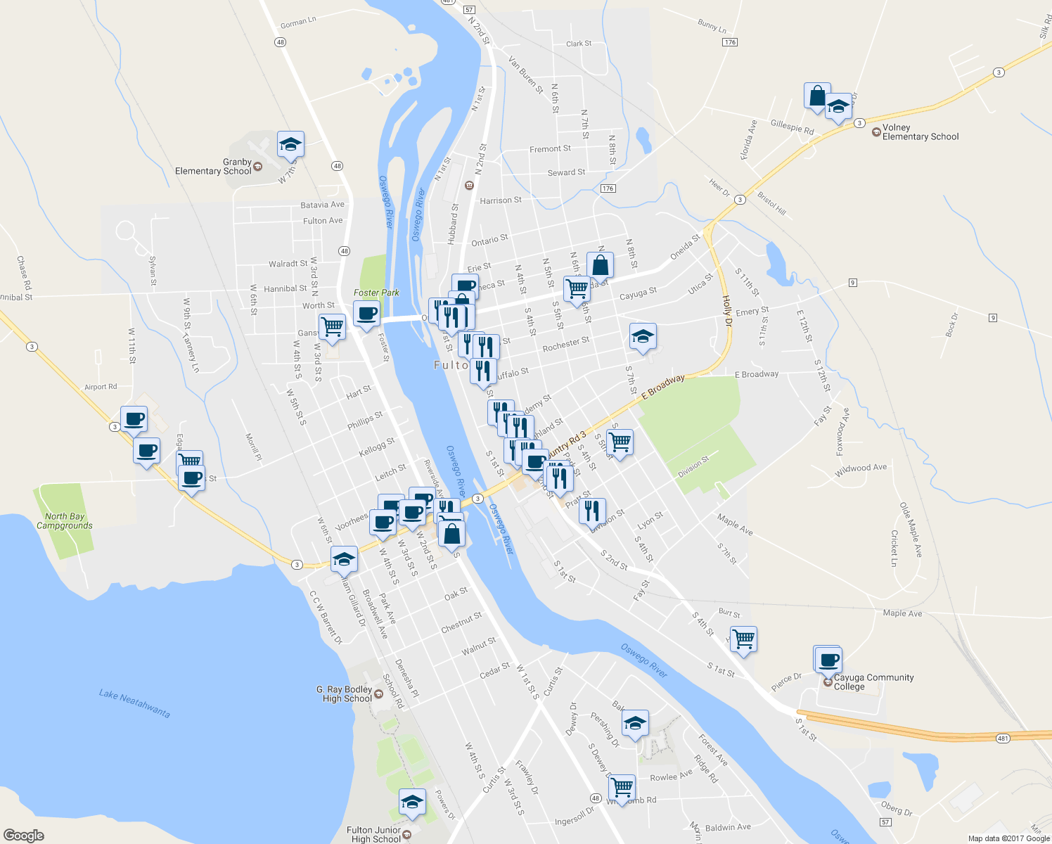 map of restaurants, bars, coffee shops, grocery stores, and more near 207 South 3rd Street in Fulton