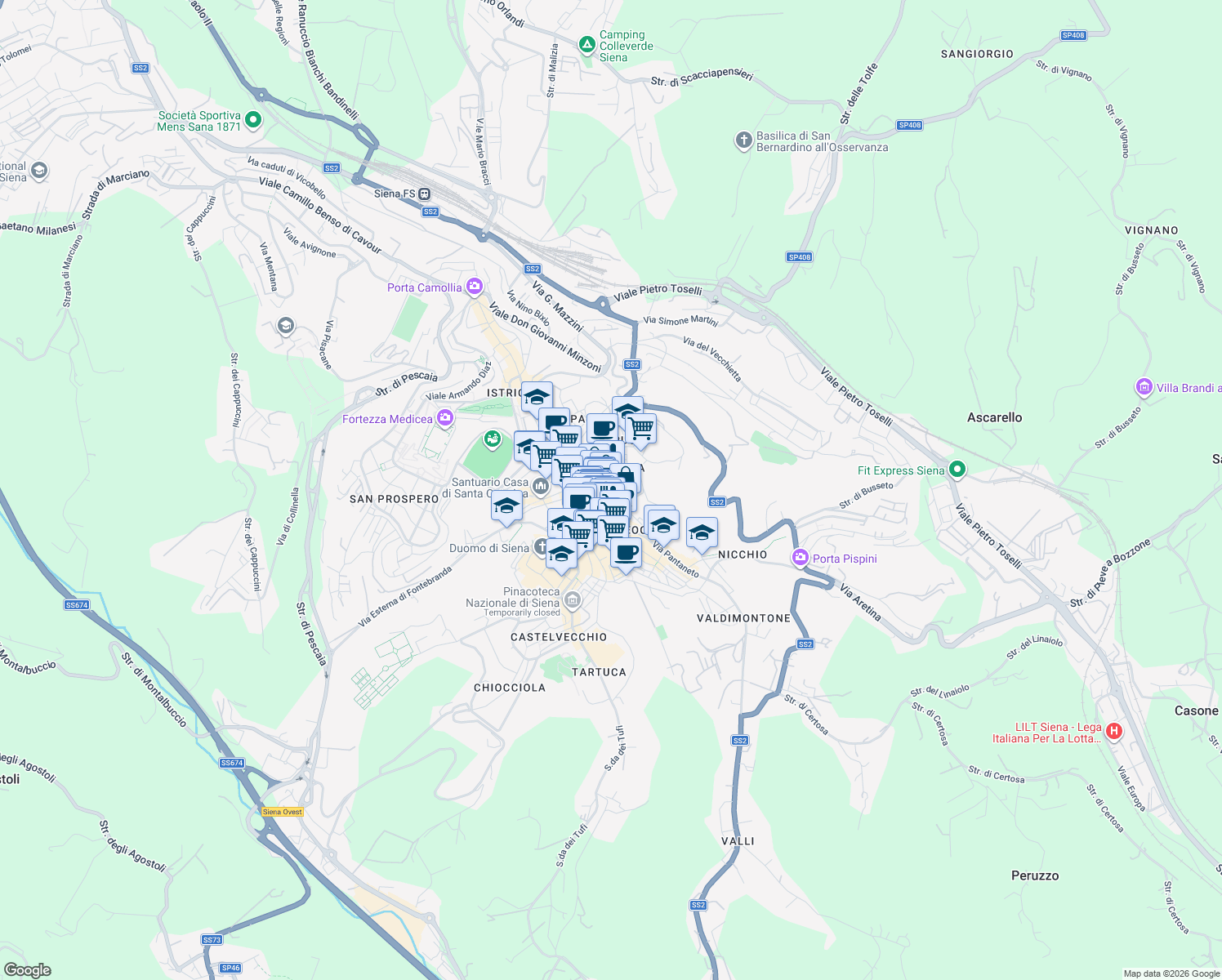 map of restaurants, bars, coffee shops, grocery stores, and more near 15 Vicolo Donzelle in Siena