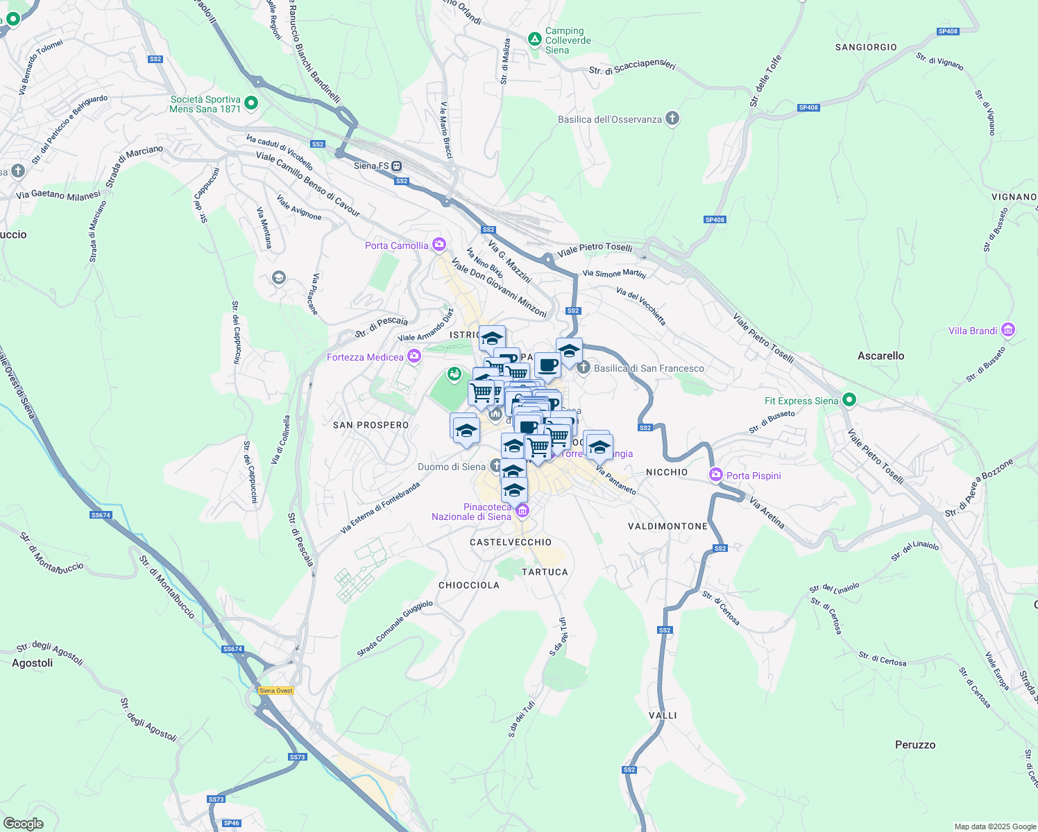 map of restaurants, bars, coffee shops, grocery stores, and more near 16 Via Banchi di Sopra in Siena