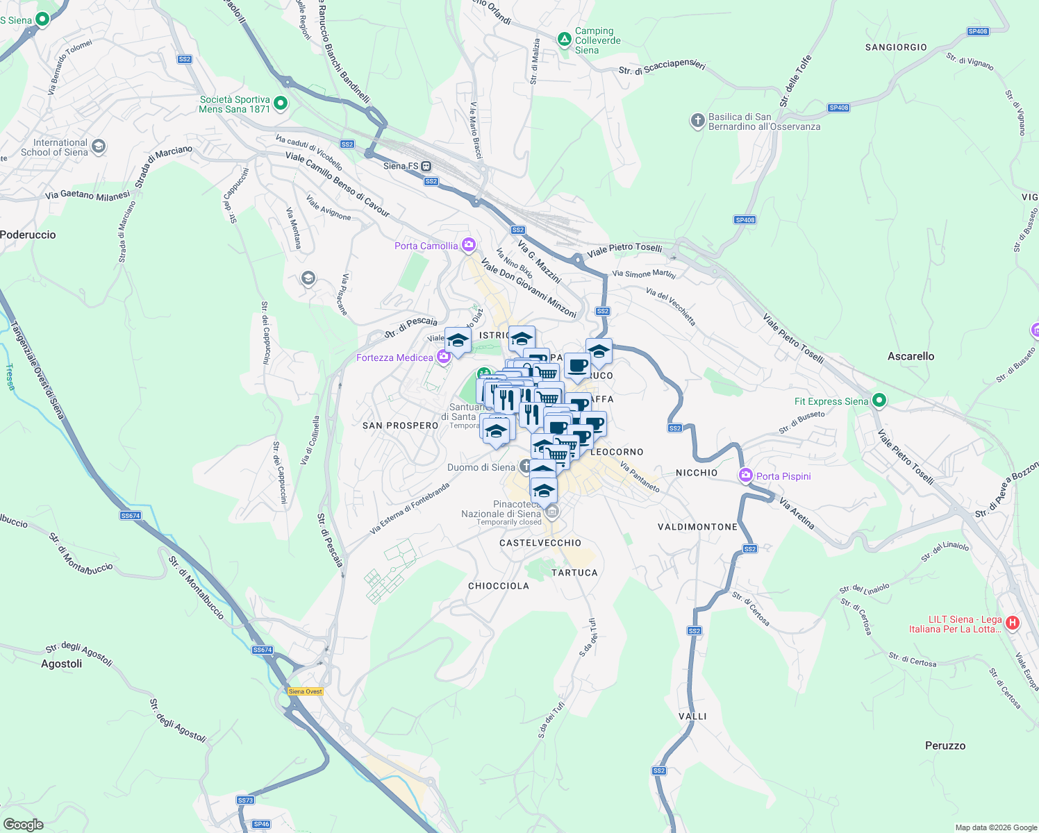 map of restaurants, bars, coffee shops, grocery stores, and more near 39 Via Camporegio in Siena