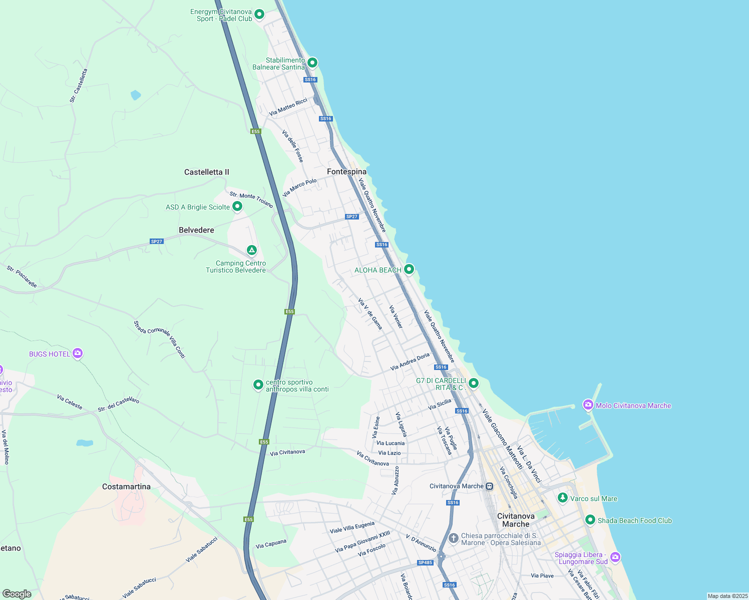 map of restaurants, bars, coffee shops, grocery stores, and more near 46 Via Giuseppe Saragat in Civitanova Marche