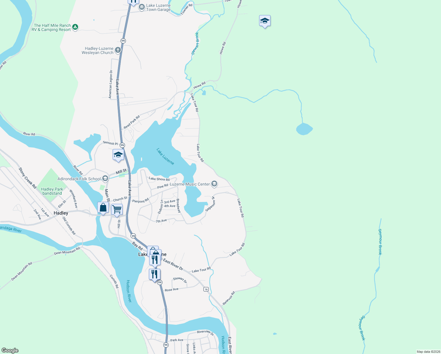 map of restaurants, bars, coffee shops, grocery stores, and more near Lake Tour Road in Lake Luzerne