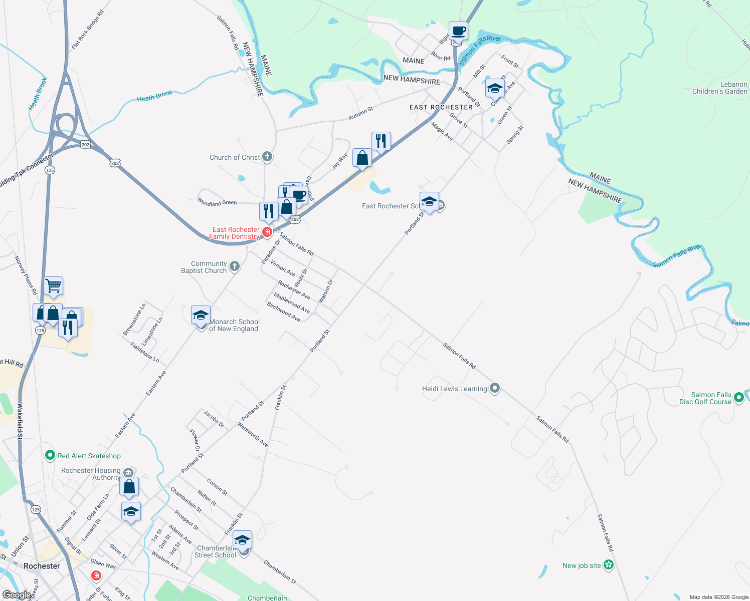 map of restaurants, bars, coffee shops, grocery stores, and more near 513 Salmon Falls Road in Rochester
