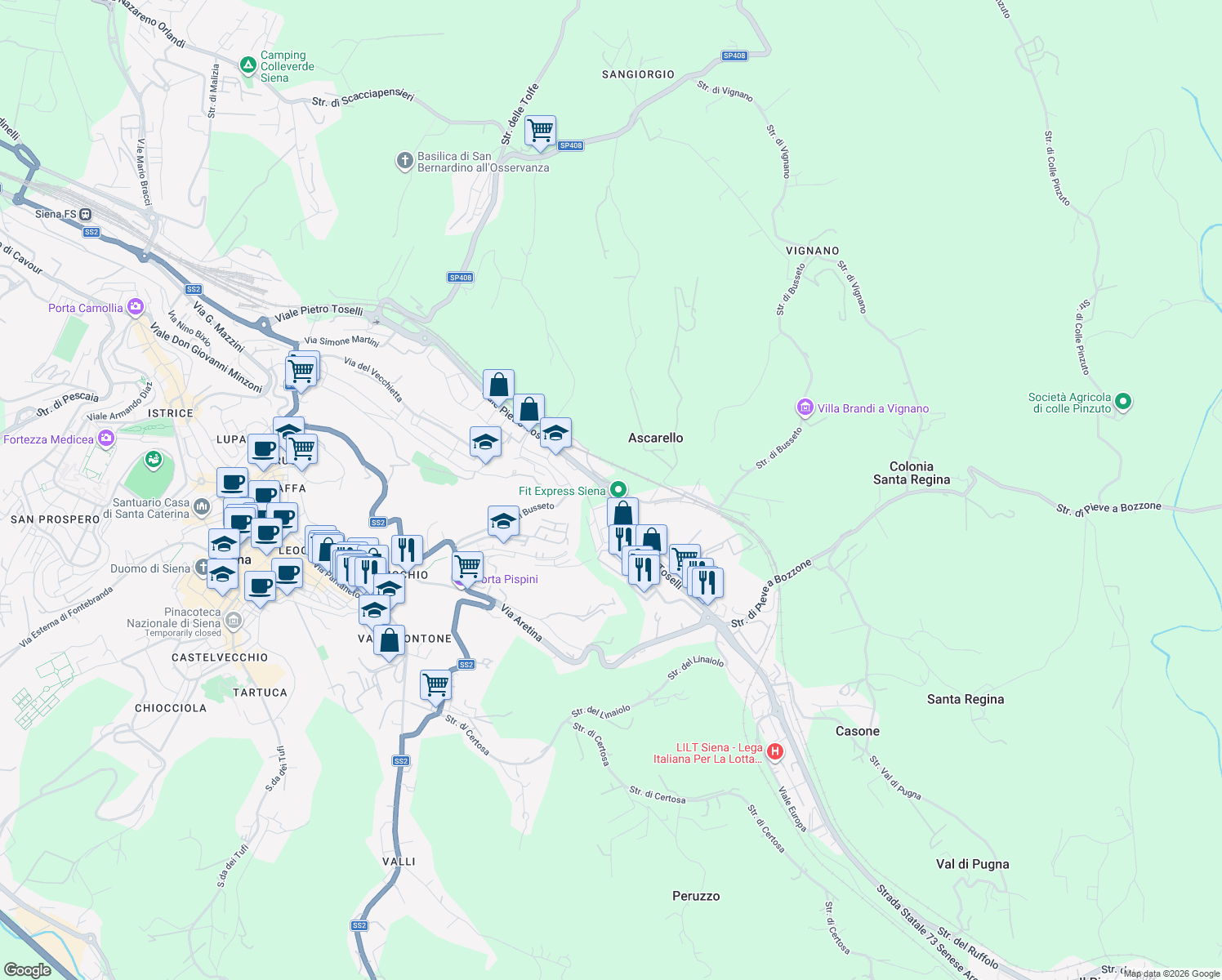 map of restaurants, bars, coffee shops, grocery stores, and more near in Siena