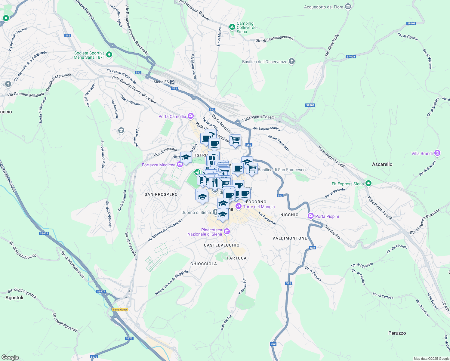 map of restaurants, bars, coffee shops, grocery stores, and more near 26 Via Banchi di Sopra in Siena