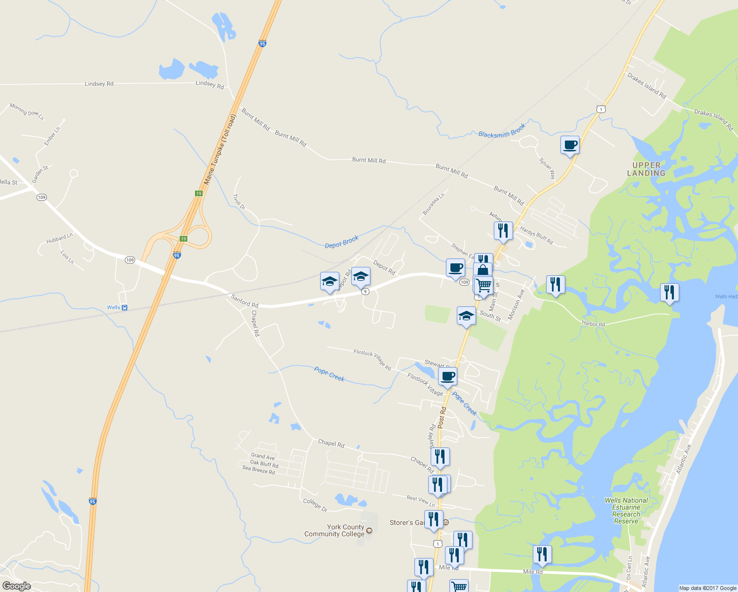 map of restaurants, bars, coffee shops, grocery stores, and more near 208 Sanford Road in Wells