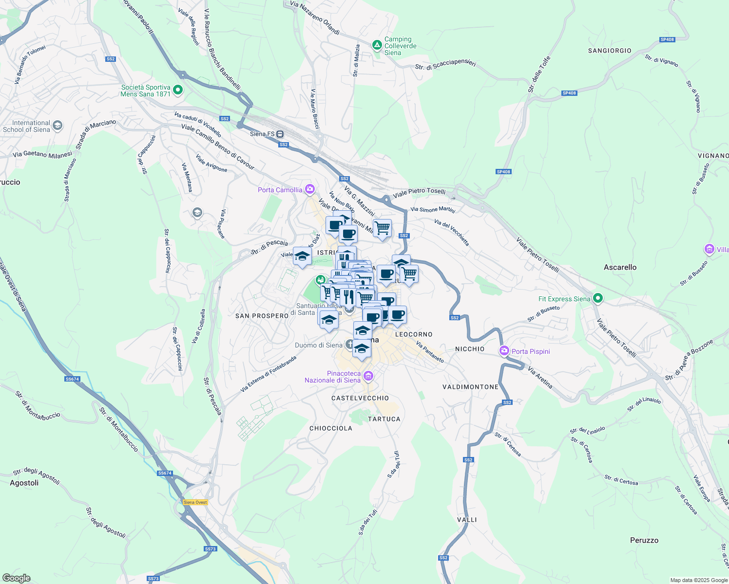 map of restaurants, bars, coffee shops, grocery stores, and more near 28 Via dei Montanini in Siena