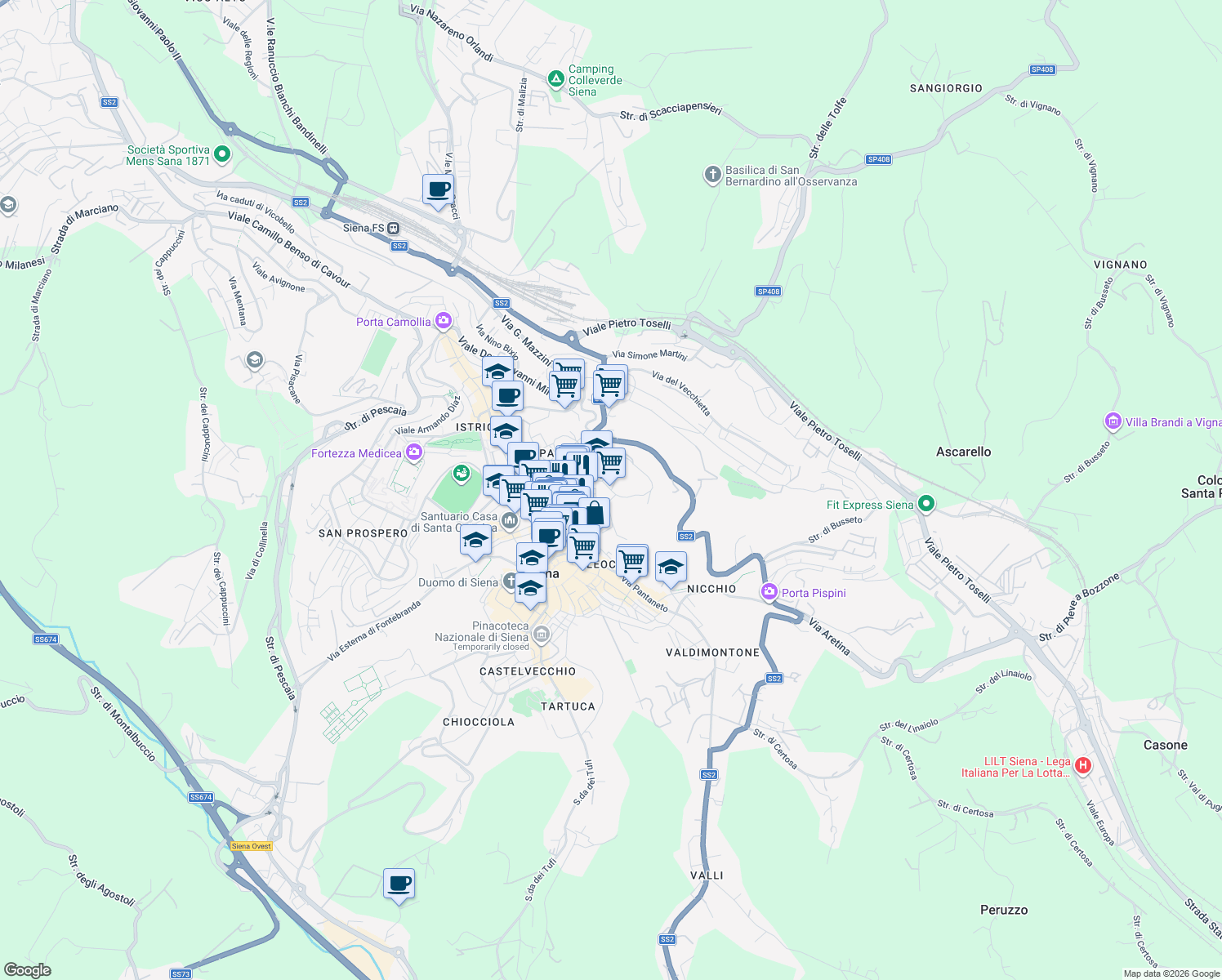 map of restaurants, bars, coffee shops, grocery stores, and more near Via dei Rossi in Siena