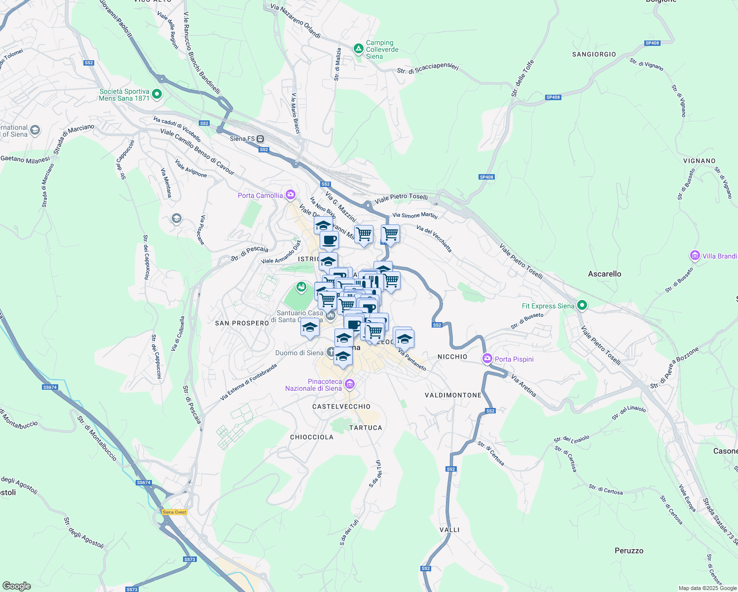 map of restaurants, bars, coffee shops, grocery stores, and more near Via Mezzo in Siena