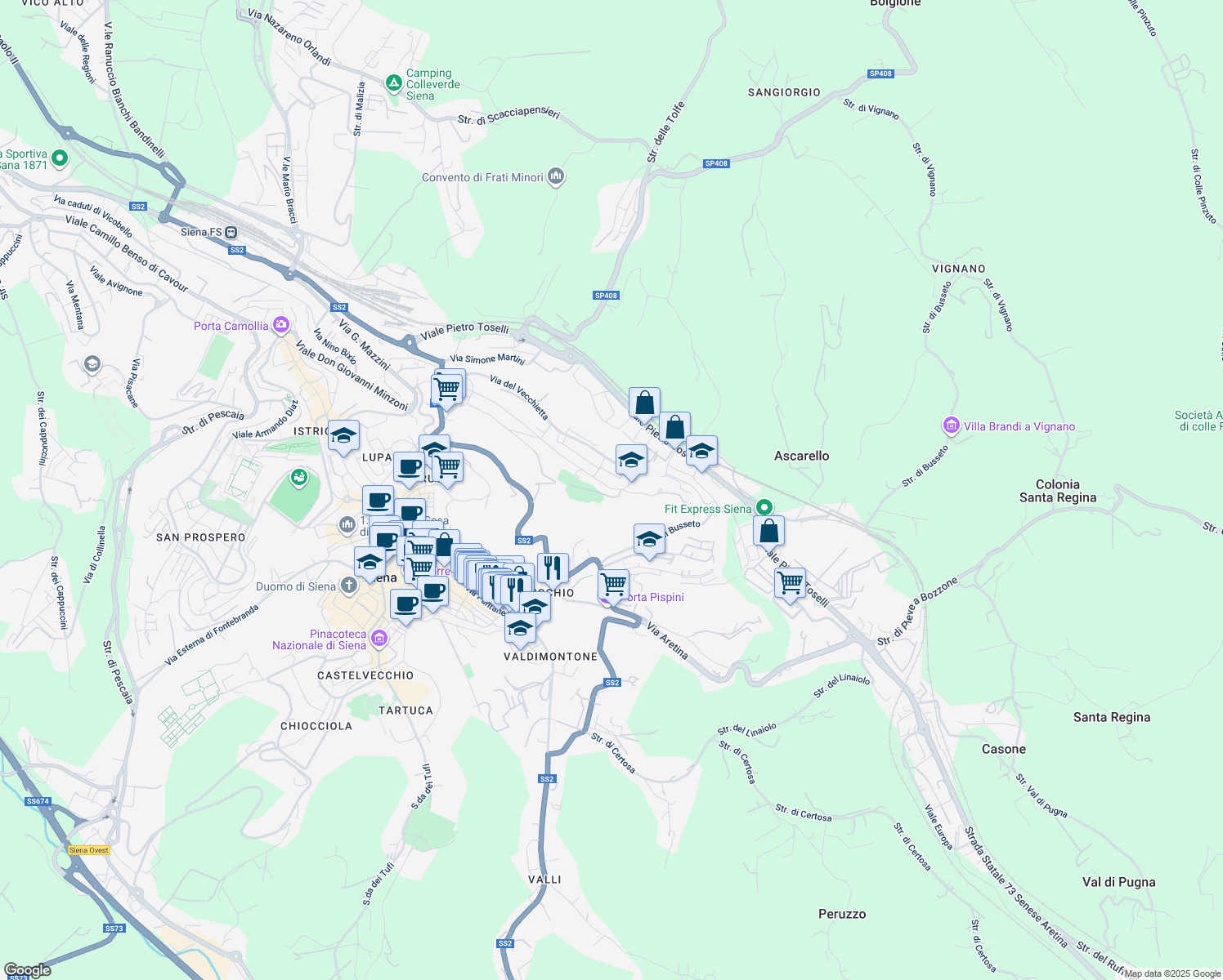 map of restaurants, bars, coffee shops, grocery stores, and more near 70 Via Duccio di Boninsegna in Siena