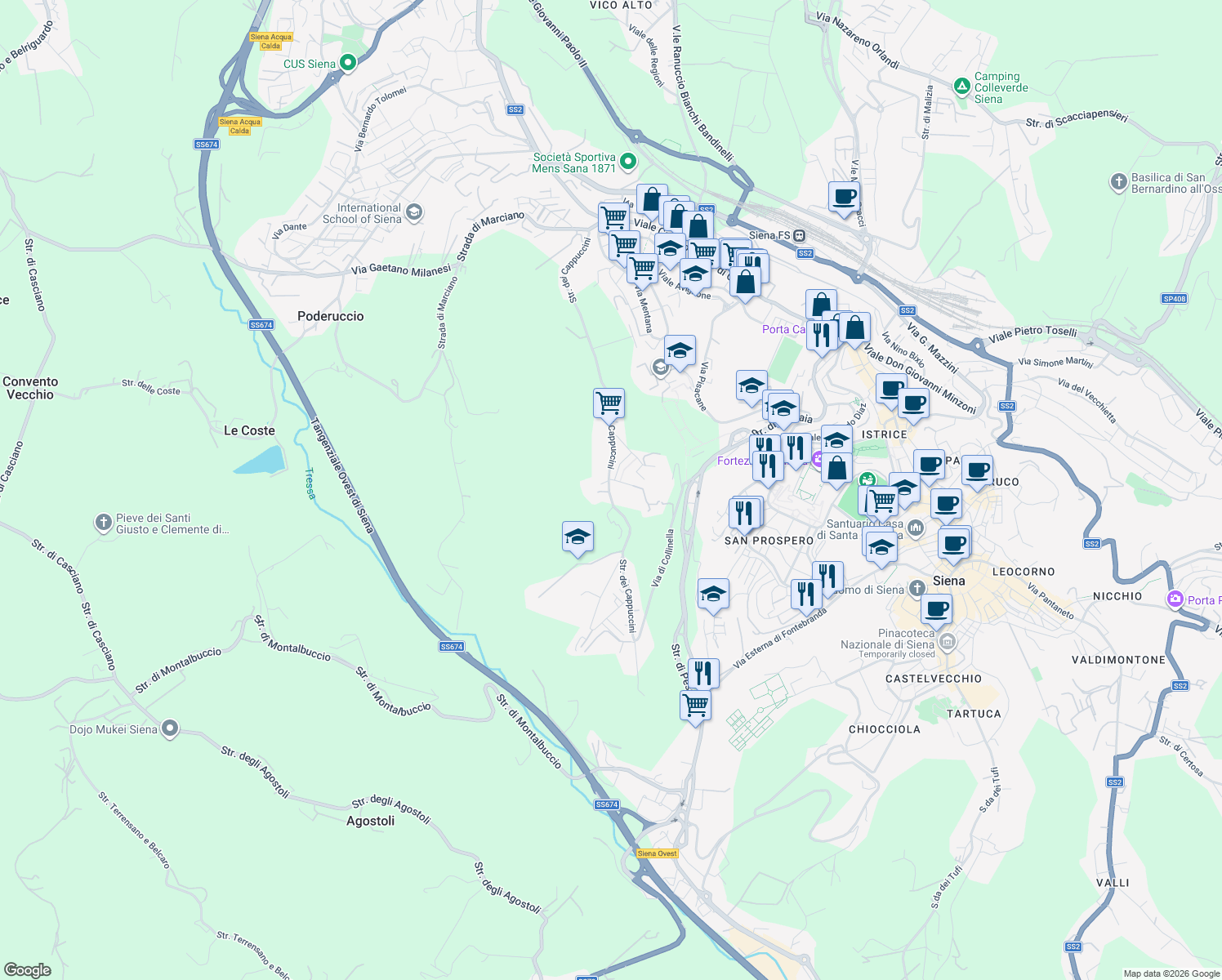 map of restaurants, bars, coffee shops, grocery stores, and more near in Siena