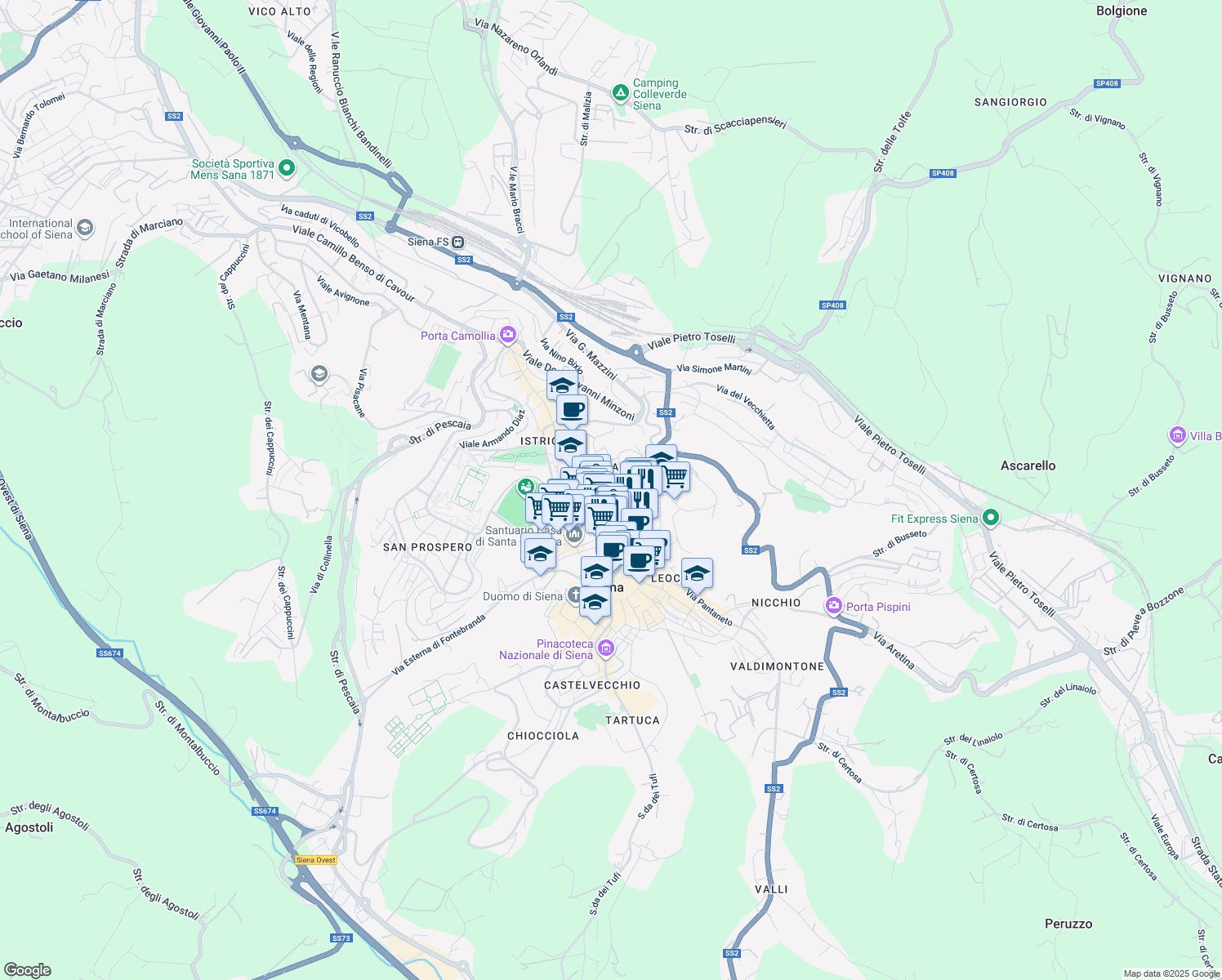 map of restaurants, bars, coffee shops, grocery stores, and more near 28 Via dei Montanini in Siena