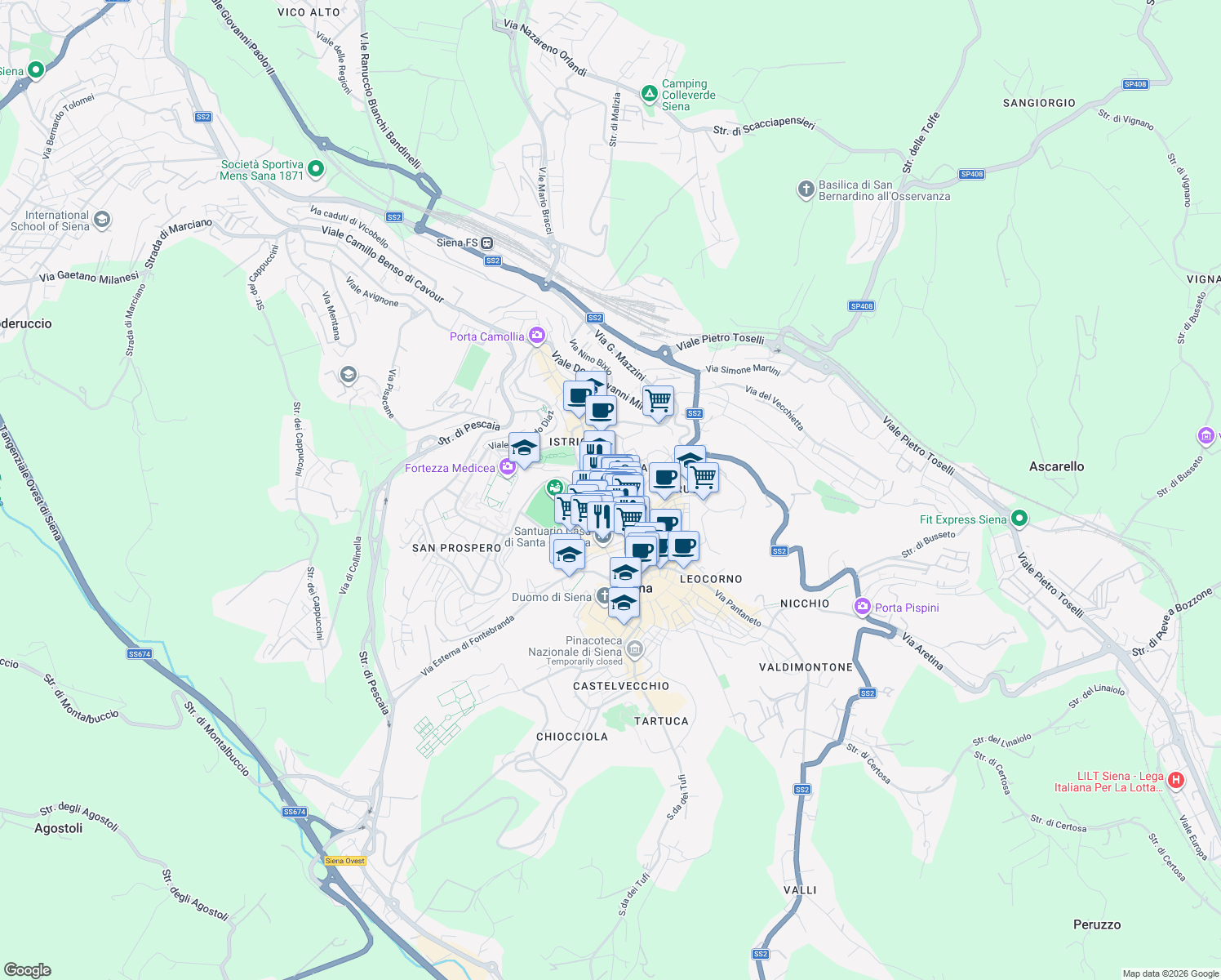 map of restaurants, bars, coffee shops, grocery stores, and more near 26 Via Banchi di Sopra in Siena