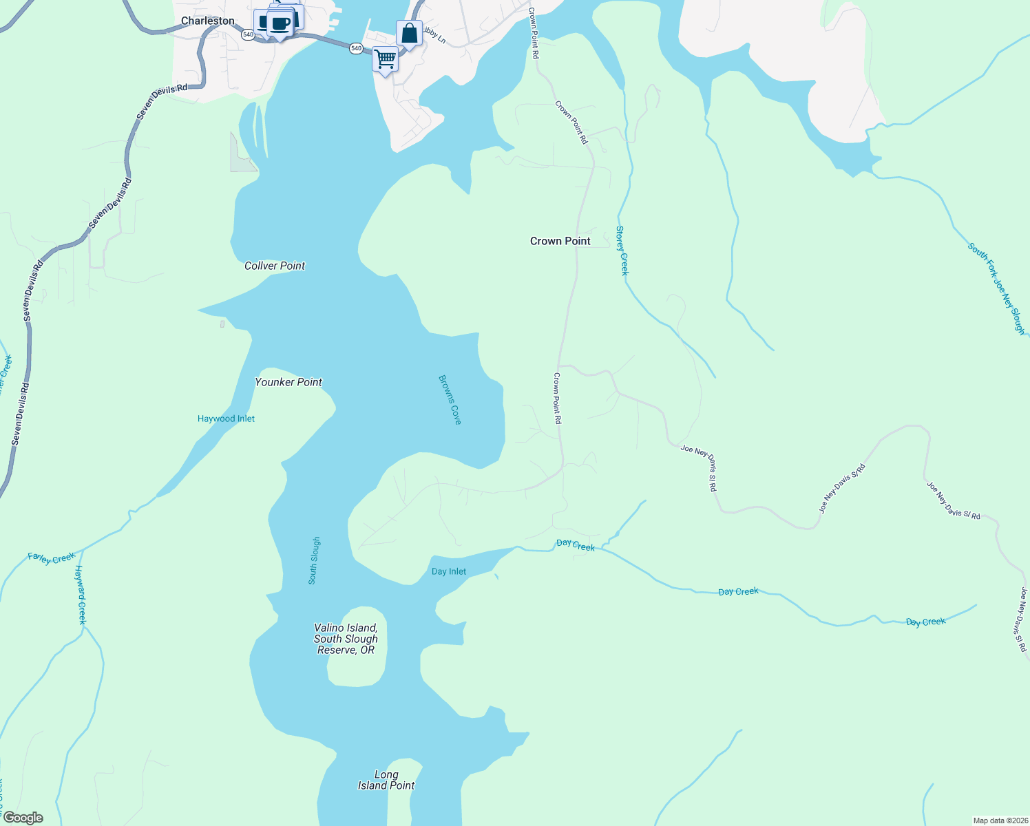 map of restaurants, bars, coffee shops, grocery stores, and more near 62981 Crown Point Road in Coos Bay