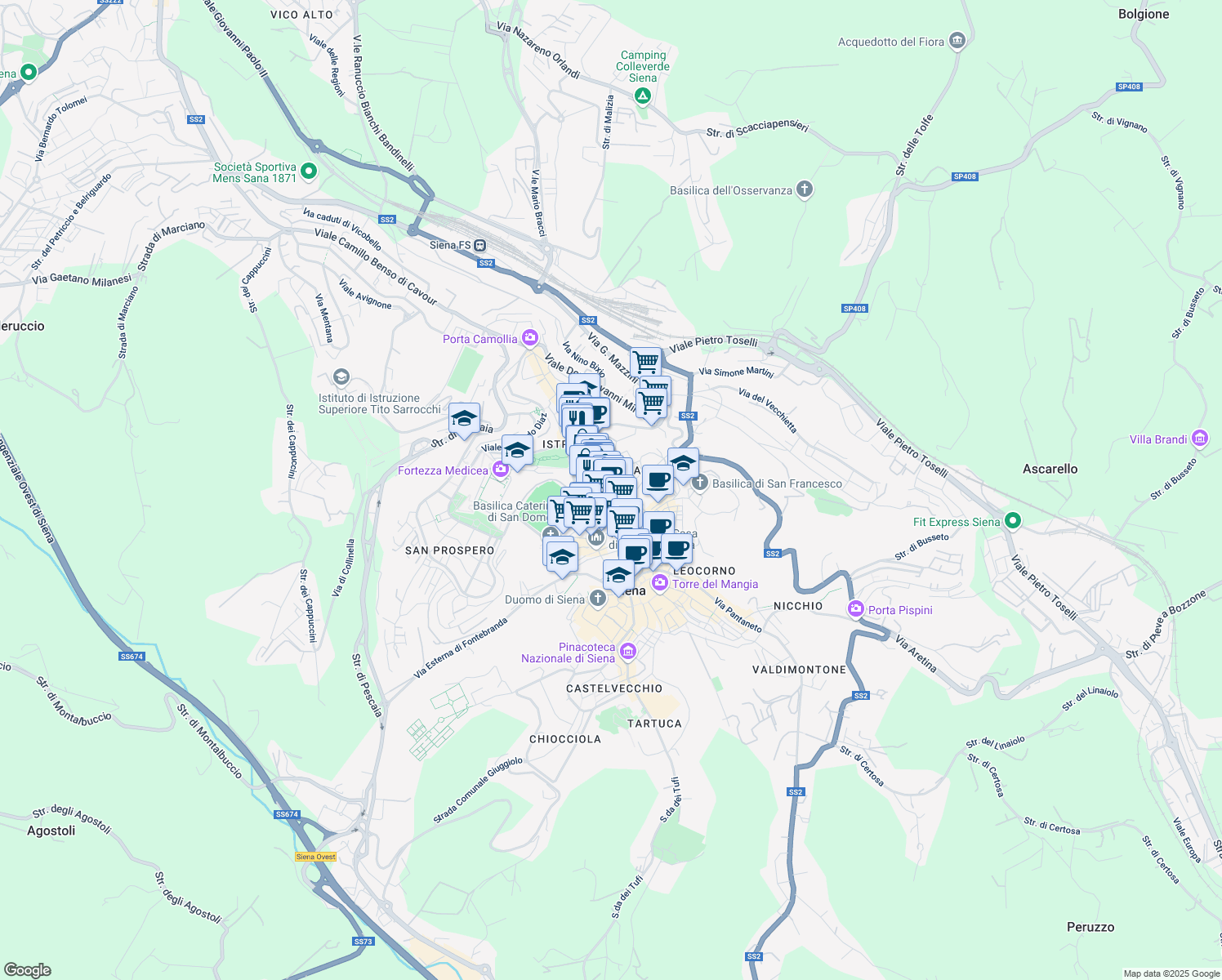 map of restaurants, bars, coffee shops, grocery stores, and more near 12 Via Stufasecca in Siena
