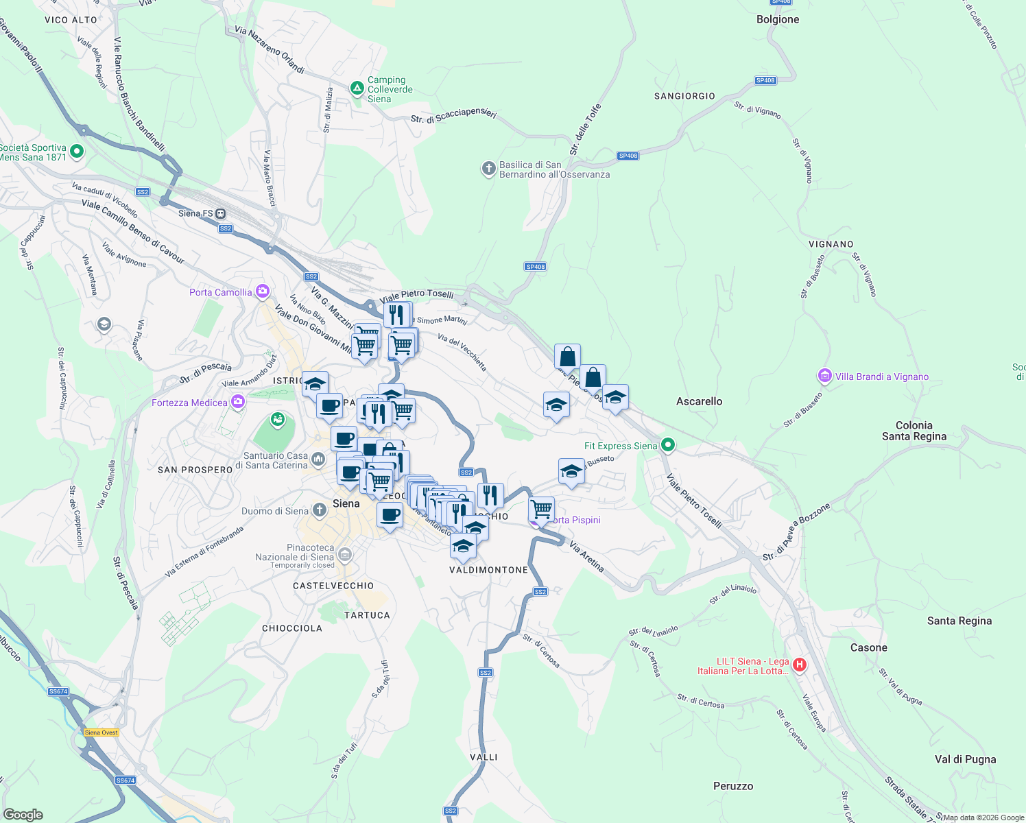map of restaurants, bars, coffee shops, grocery stores, and more near Via Duccio di Boninsegna in Siena