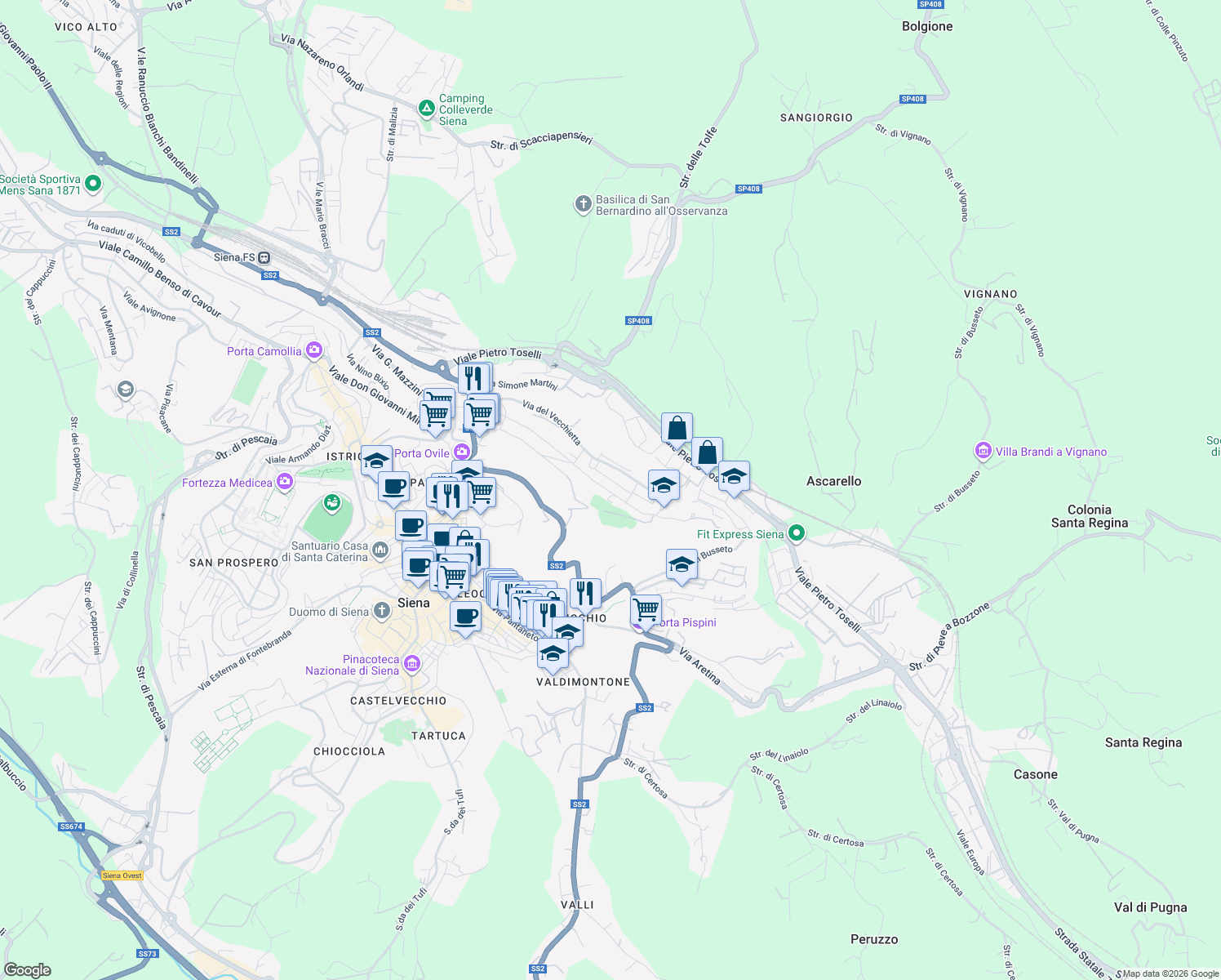 map of restaurants, bars, coffee shops, grocery stores, and more near Via Taddeo di Bartolo in Siena