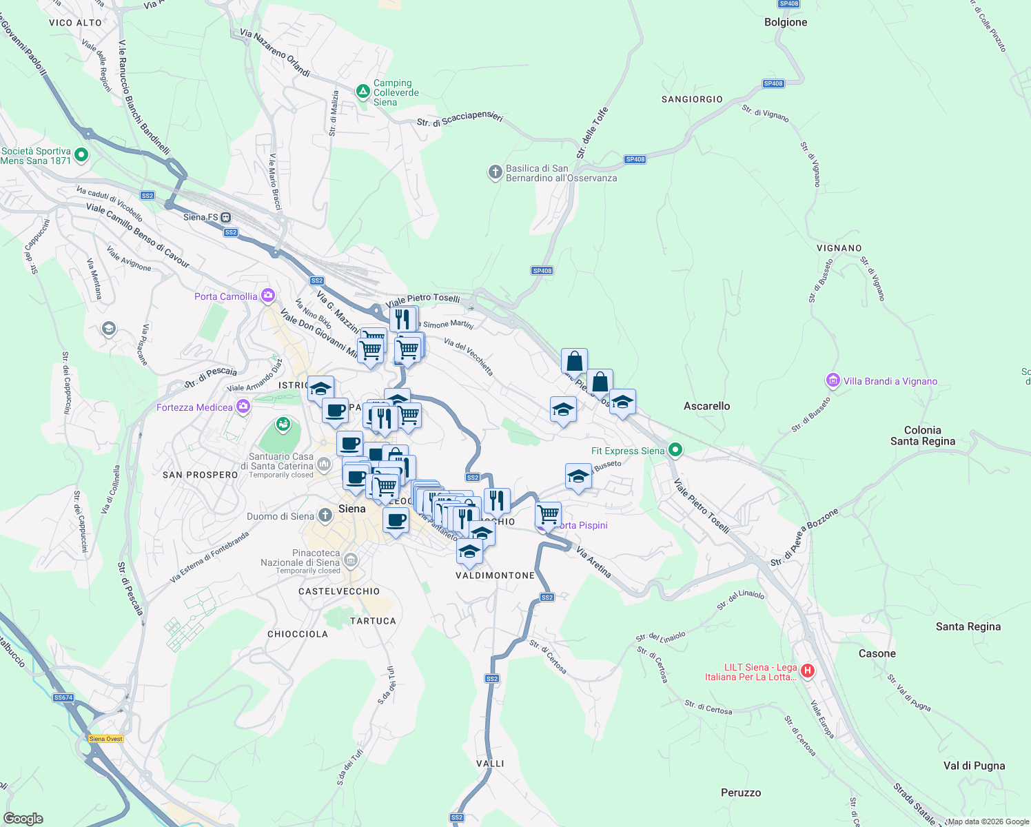 map of restaurants, bars, coffee shops, grocery stores, and more near Via Taddeo di Bartolo in Siena