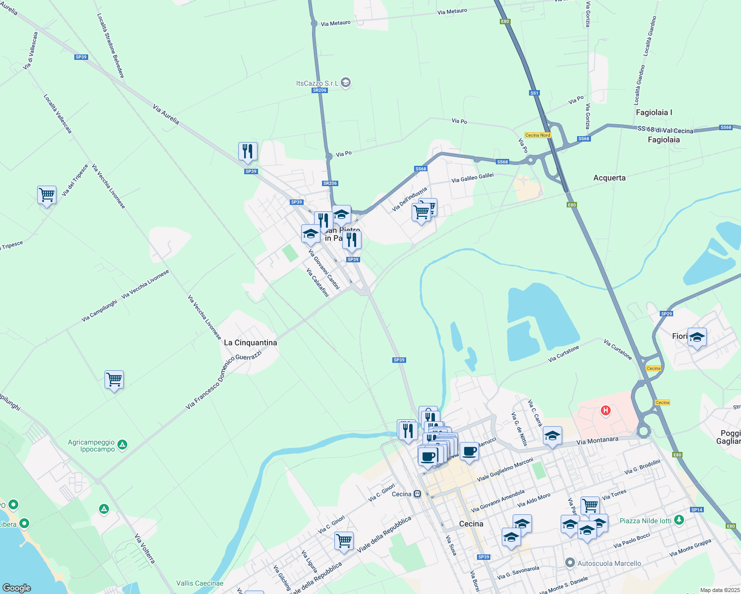 map of restaurants, bars, coffee shops, grocery stores, and more near 18 Via San Pietro in Palazzi in Cecina