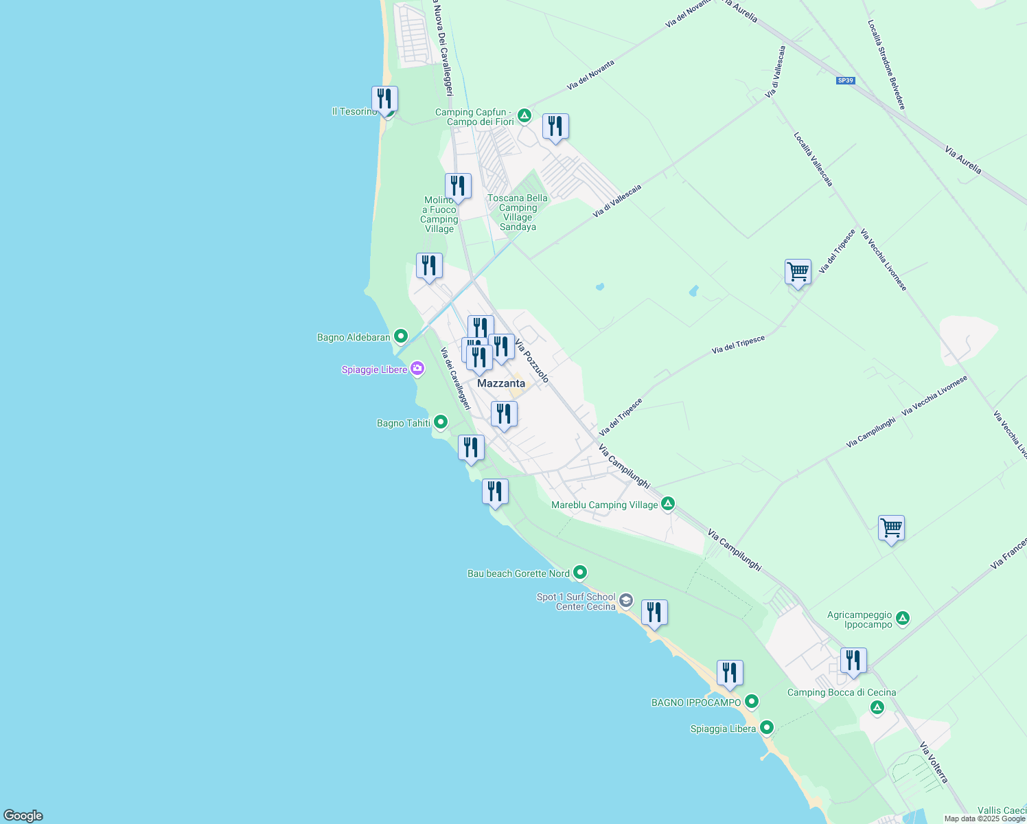 map of restaurants, bars, coffee shops, grocery stores, and more near 43 Via Sardegna in Mazzanta