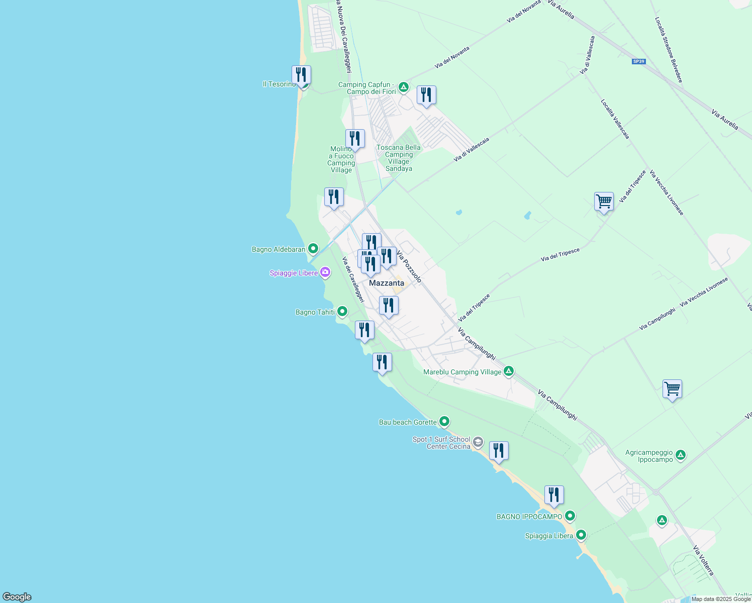 map of restaurants, bars, coffee shops, grocery stores, and more near 12 Via Sicilia in Mazzanta