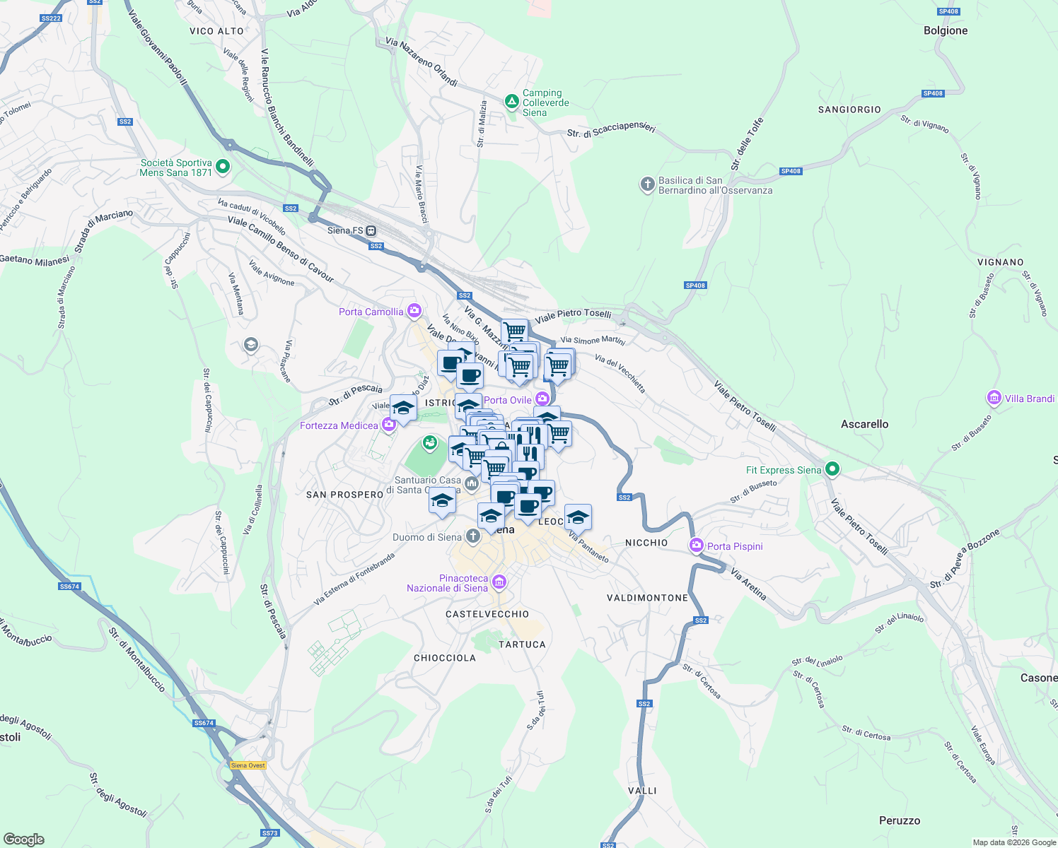 map of restaurants, bars, coffee shops, grocery stores, and more near Via Degli Orti in Siena