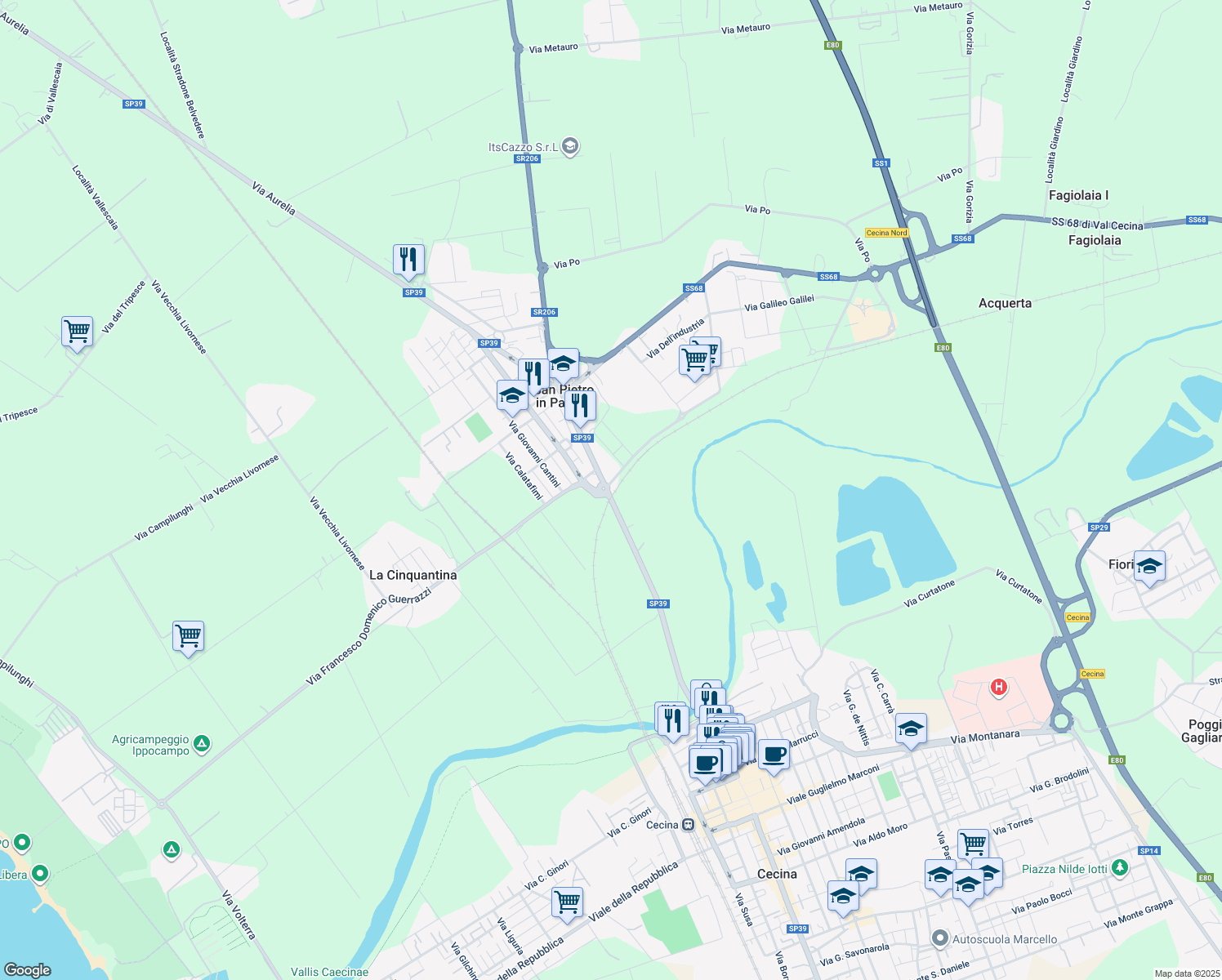 map of restaurants, bars, coffee shops, grocery stores, and more near 18 Via San Pietro in Palazzi in Cecina