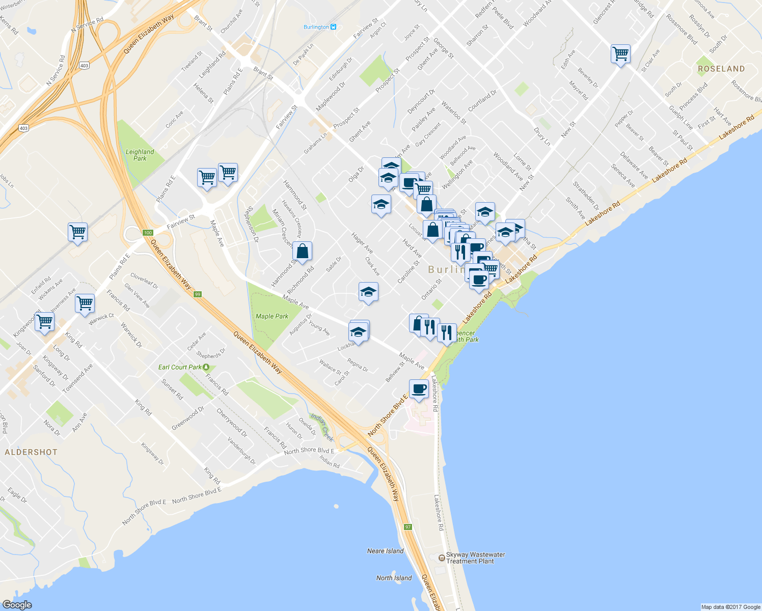 map of restaurants, bars, coffee shops, grocery stores, and more near in Burlington