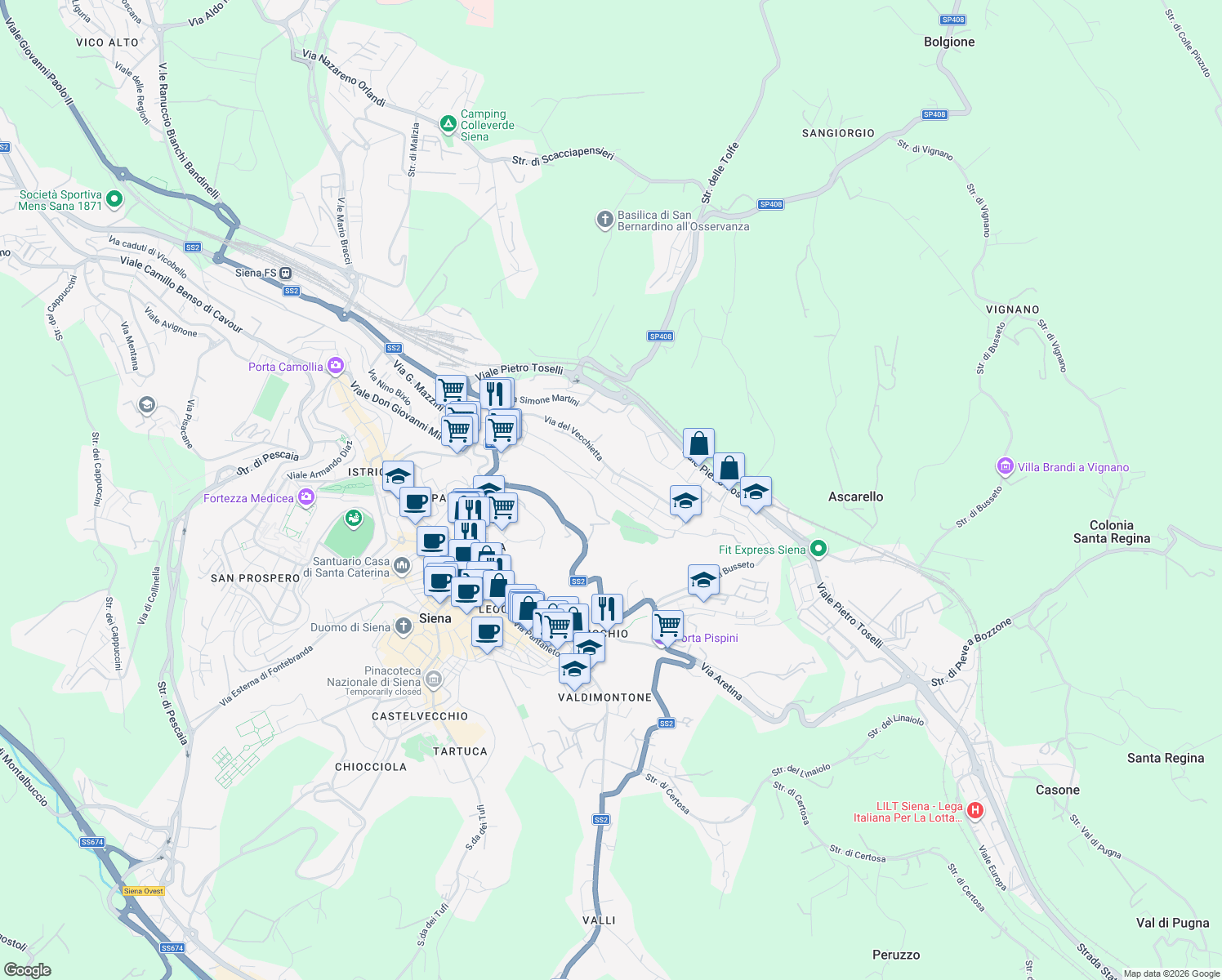 map of restaurants, bars, coffee shops, grocery stores, and more near Via Duccio di Boninsegna in Siena